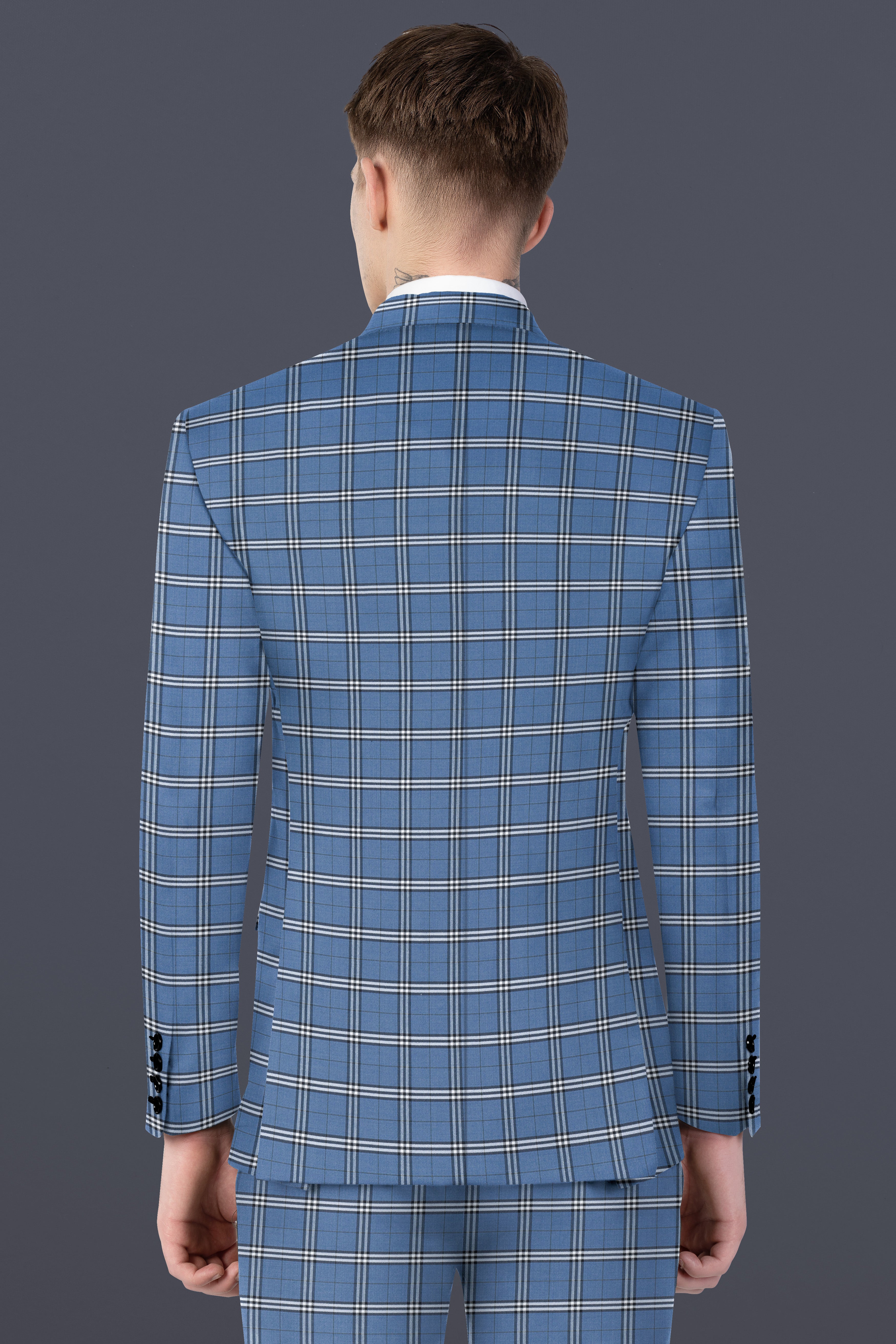 Metalic Blue Plaid Wool Blend Single Breasted Suit