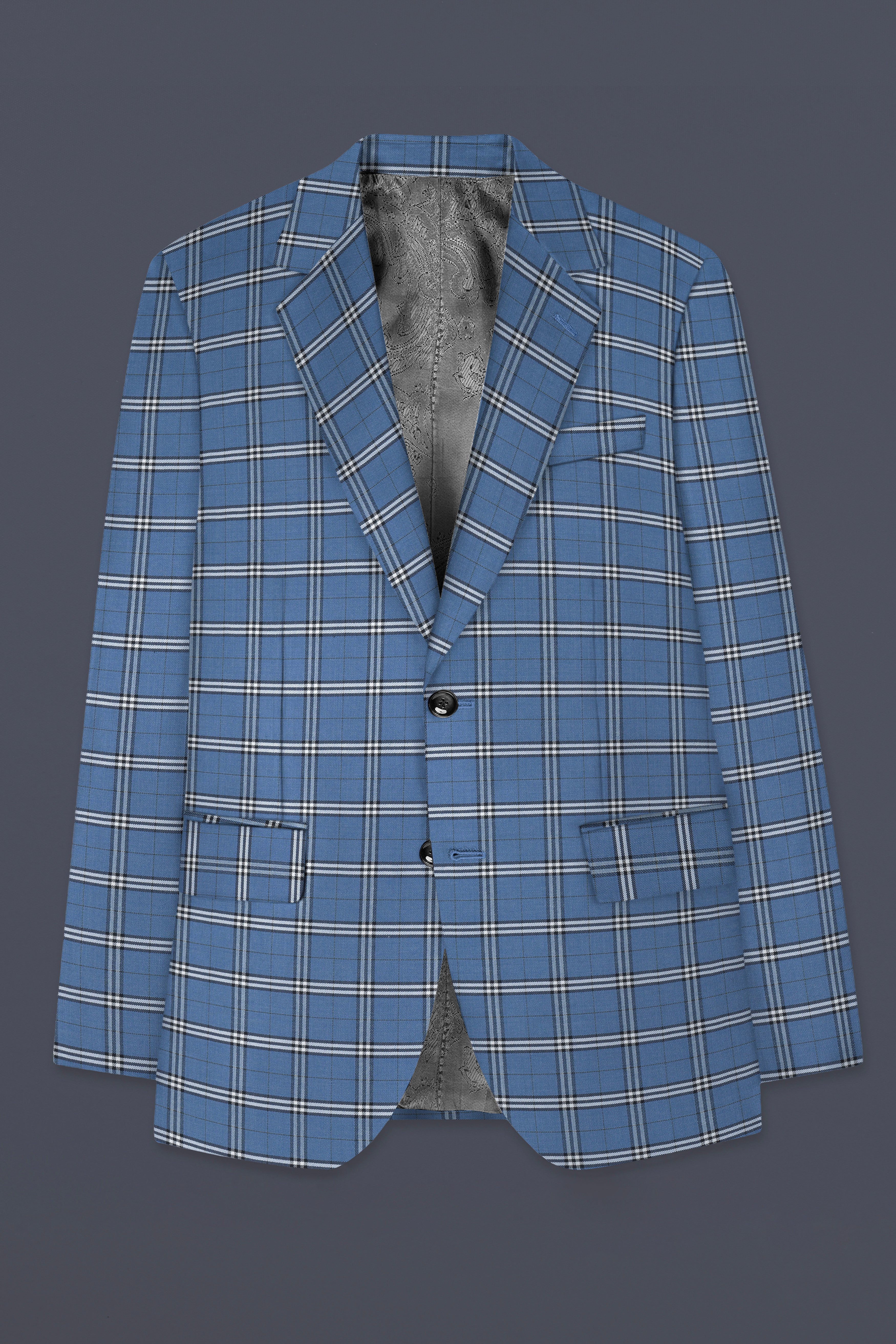 Metalic Blue Plaid Wool Blend Single Breasted Suit