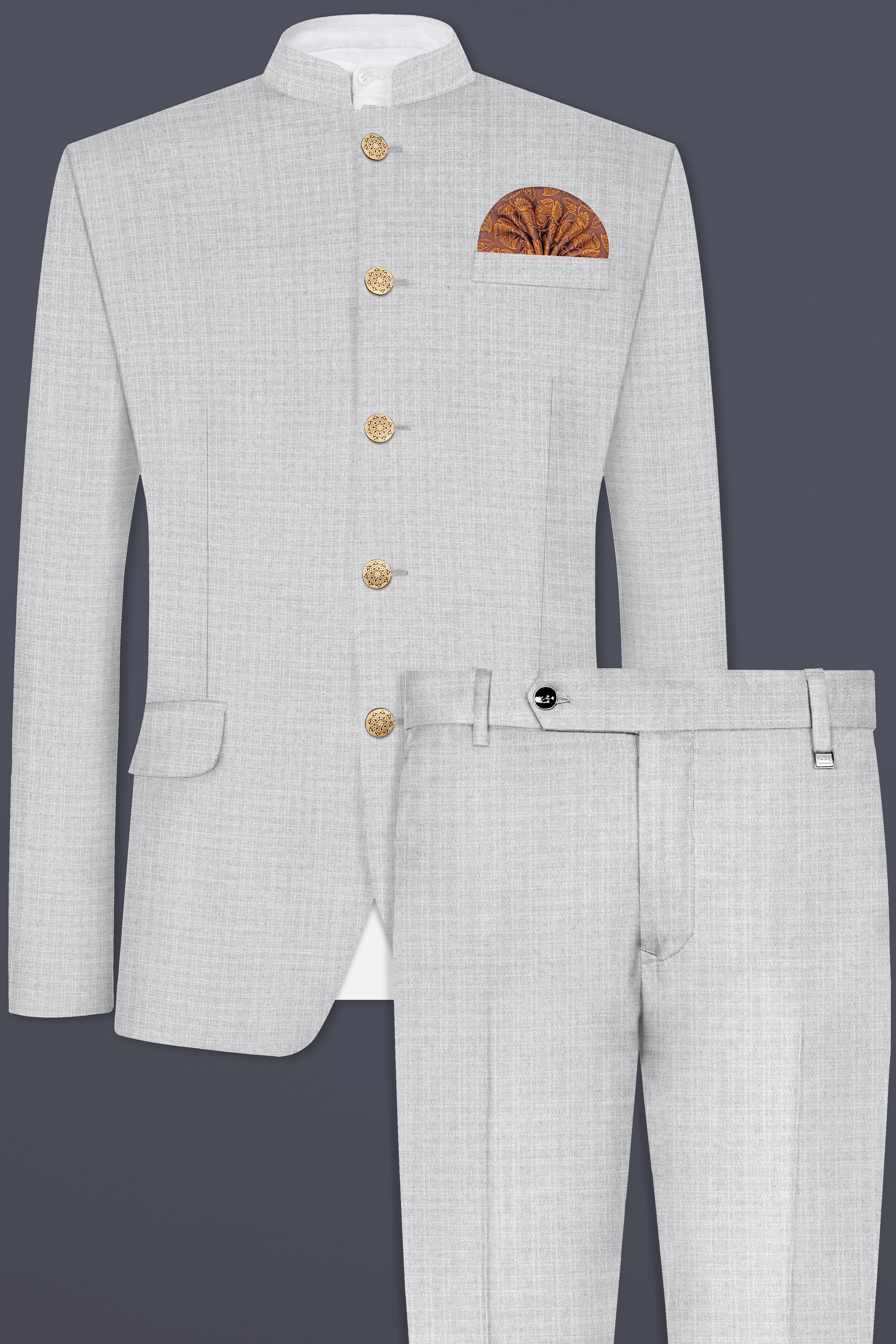Pastel Gray Textured Wool Blend Bandhgala Suit