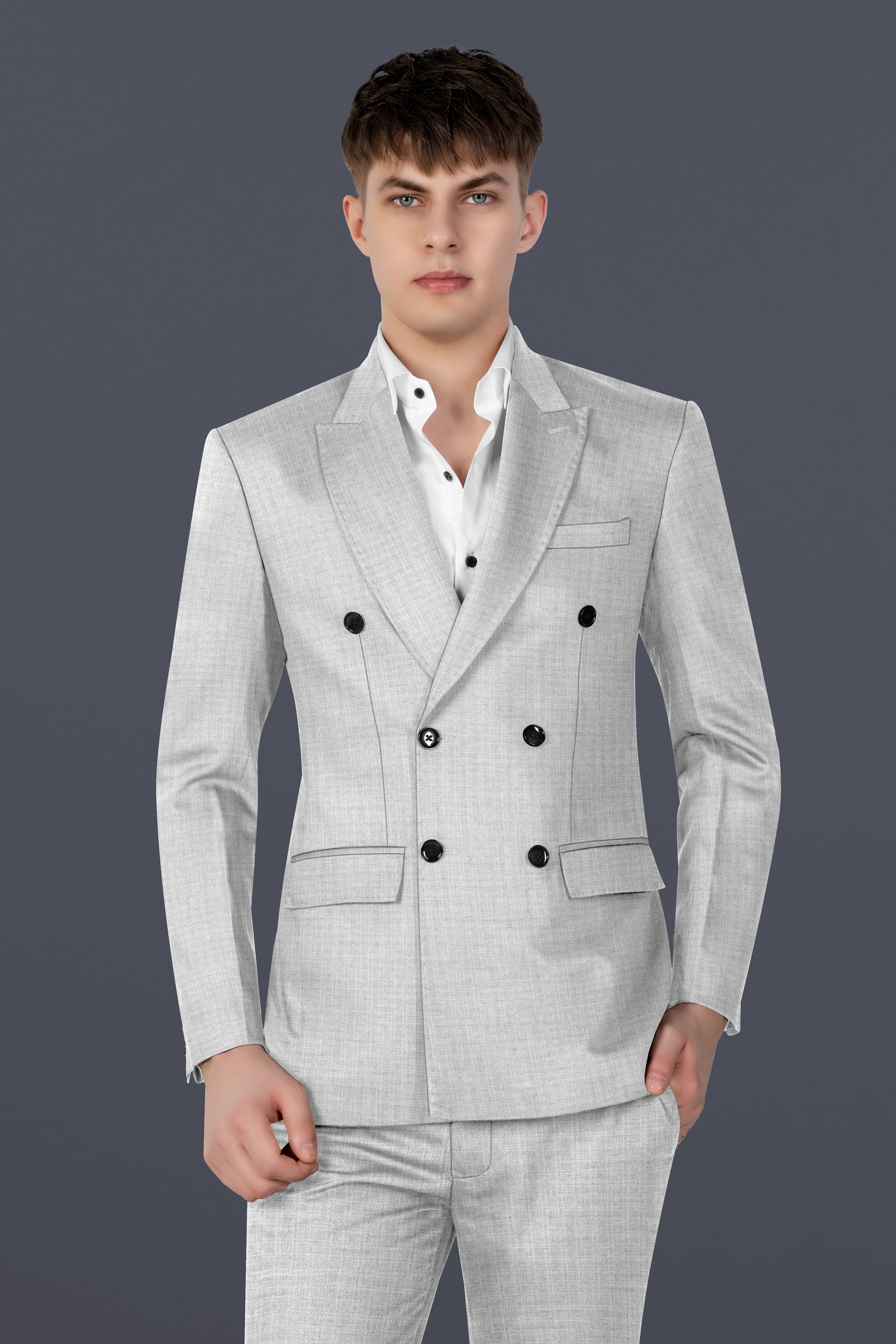 Pastel Gray Textured Wool Blend Double Breasted Suit