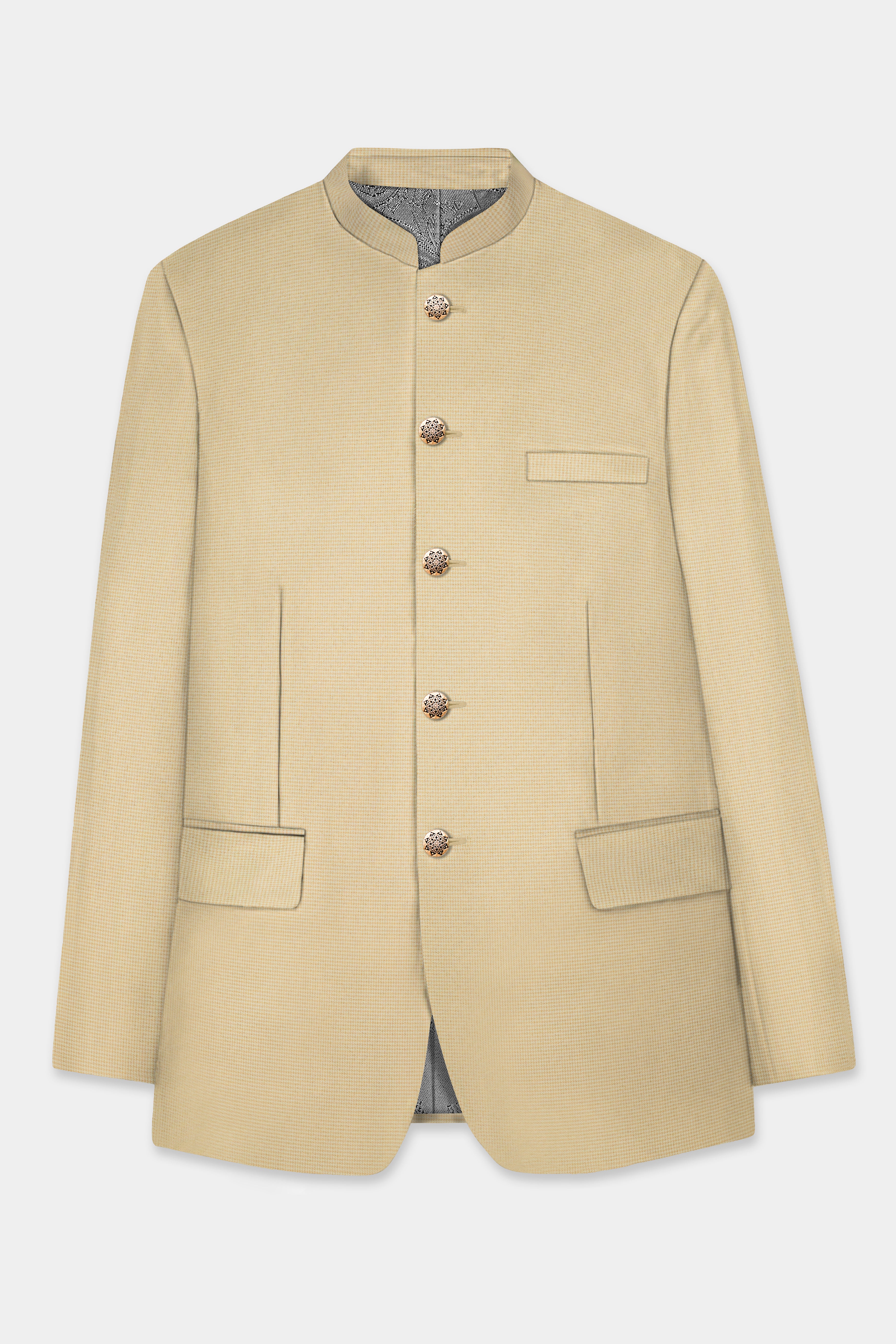 Hampton Cream Houndstooth Textured Wool Rich Bandhgala Suit