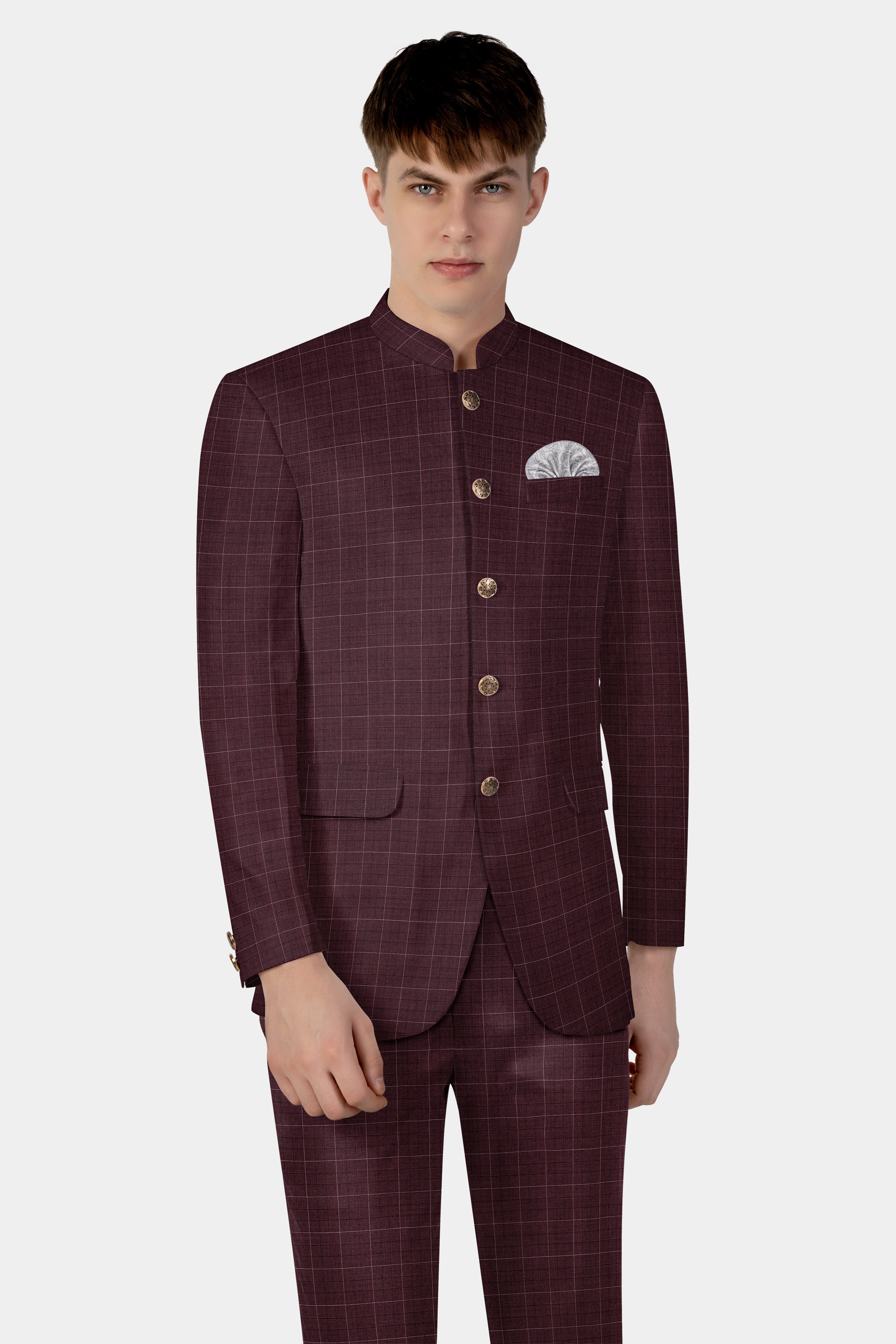 Iroko maroon Windowpane Wool Rich Bandhgala Suit
