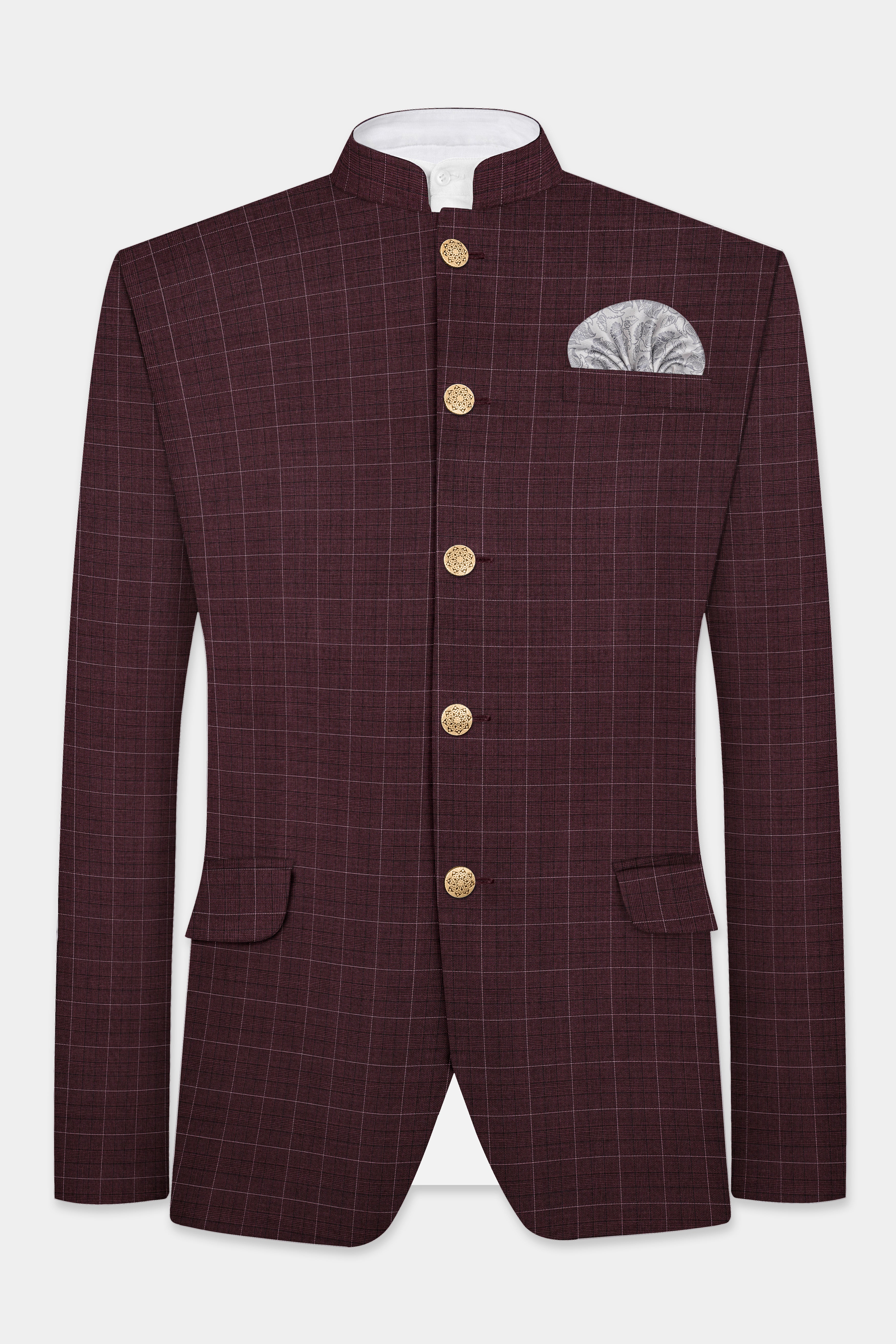 Iroko maroon Windowpane Wool Rich Bandhgala Suit