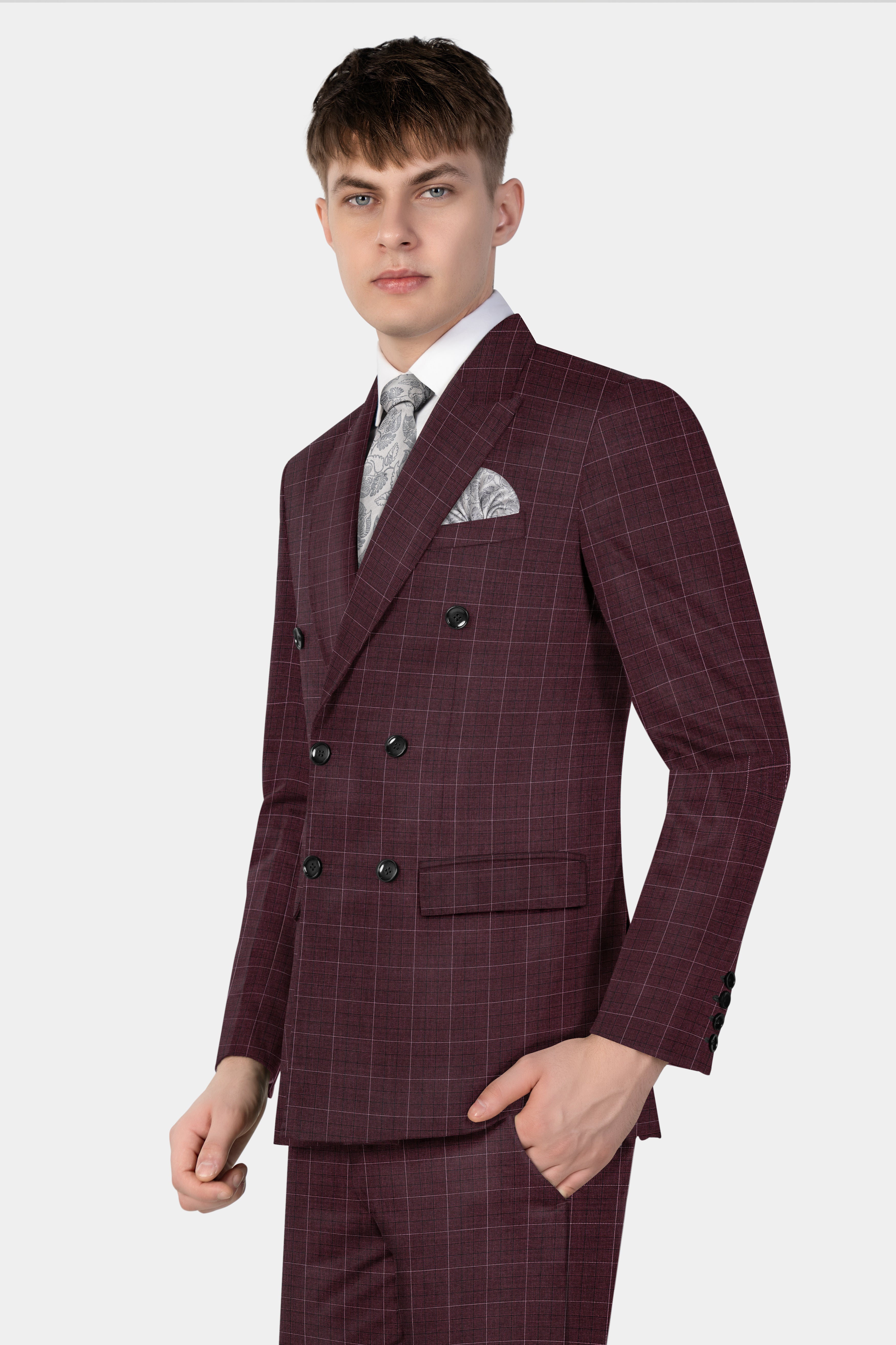 Iroko maroon Windowpane Wool Rich Double Breasted Suit