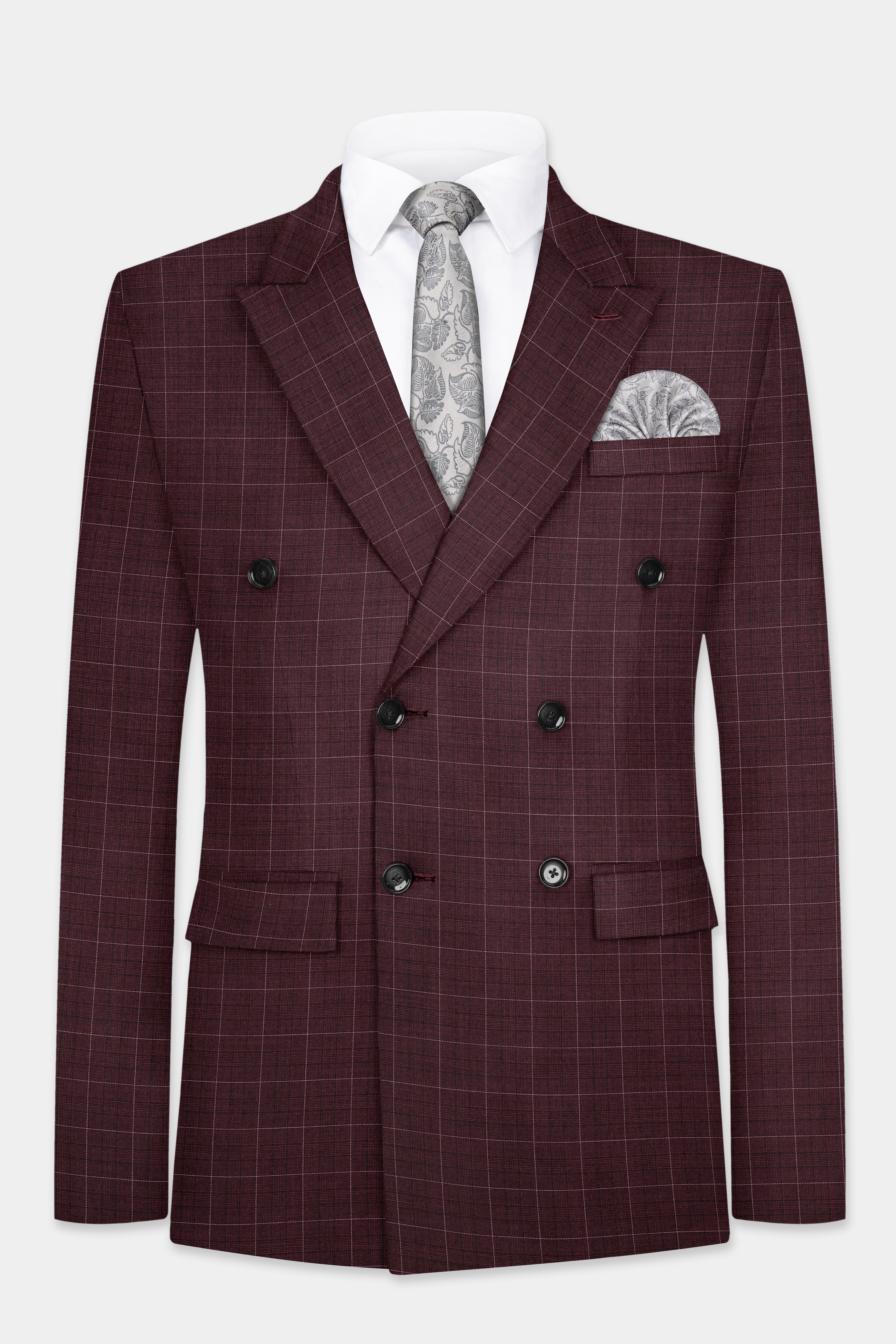 Iroko maroon Windowpane Wool Rich Double Breasted Suit