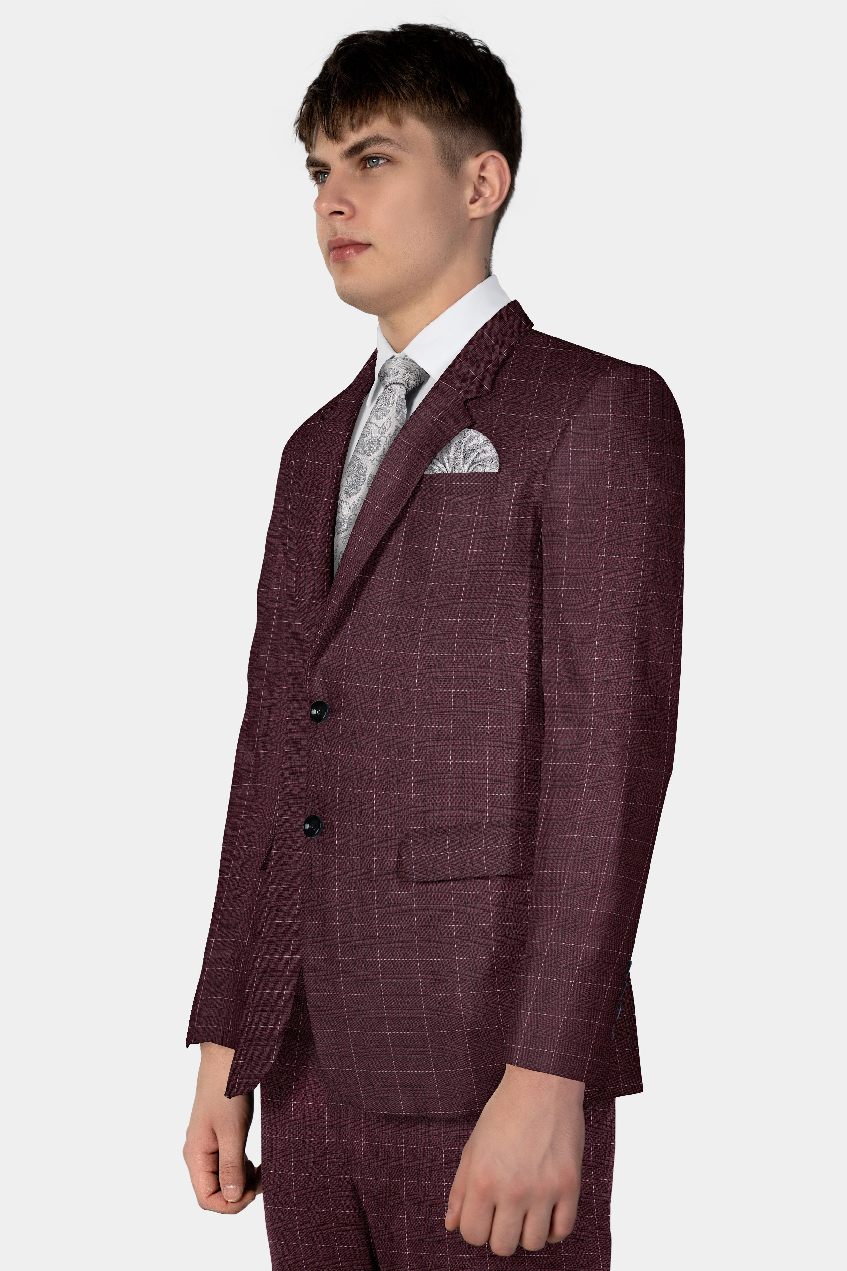 Iroko maroon Windowpane Wool Rich Single Breasted Suit
