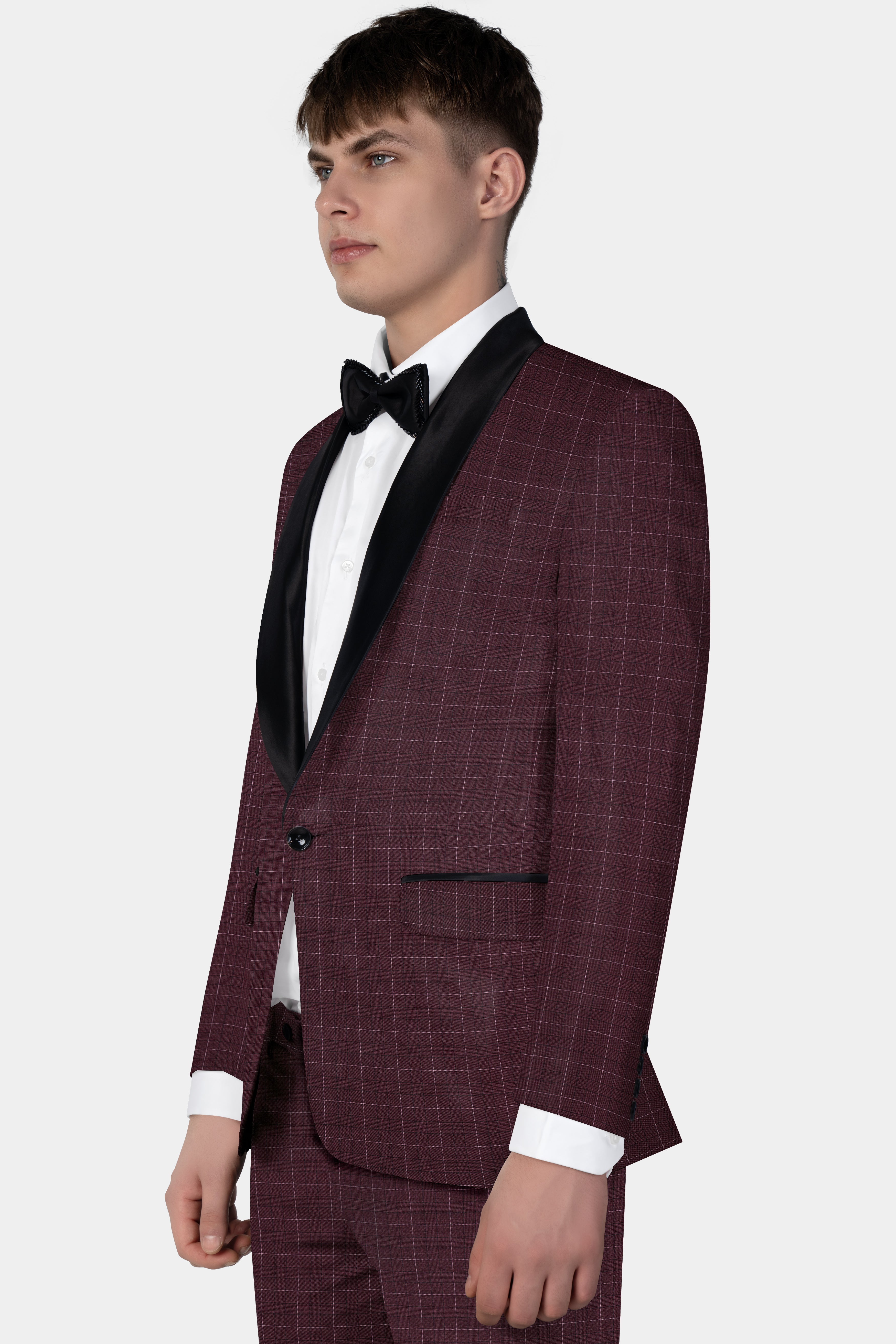 Iroko maroon Windowpane Wool Rich Tuxedo Suit