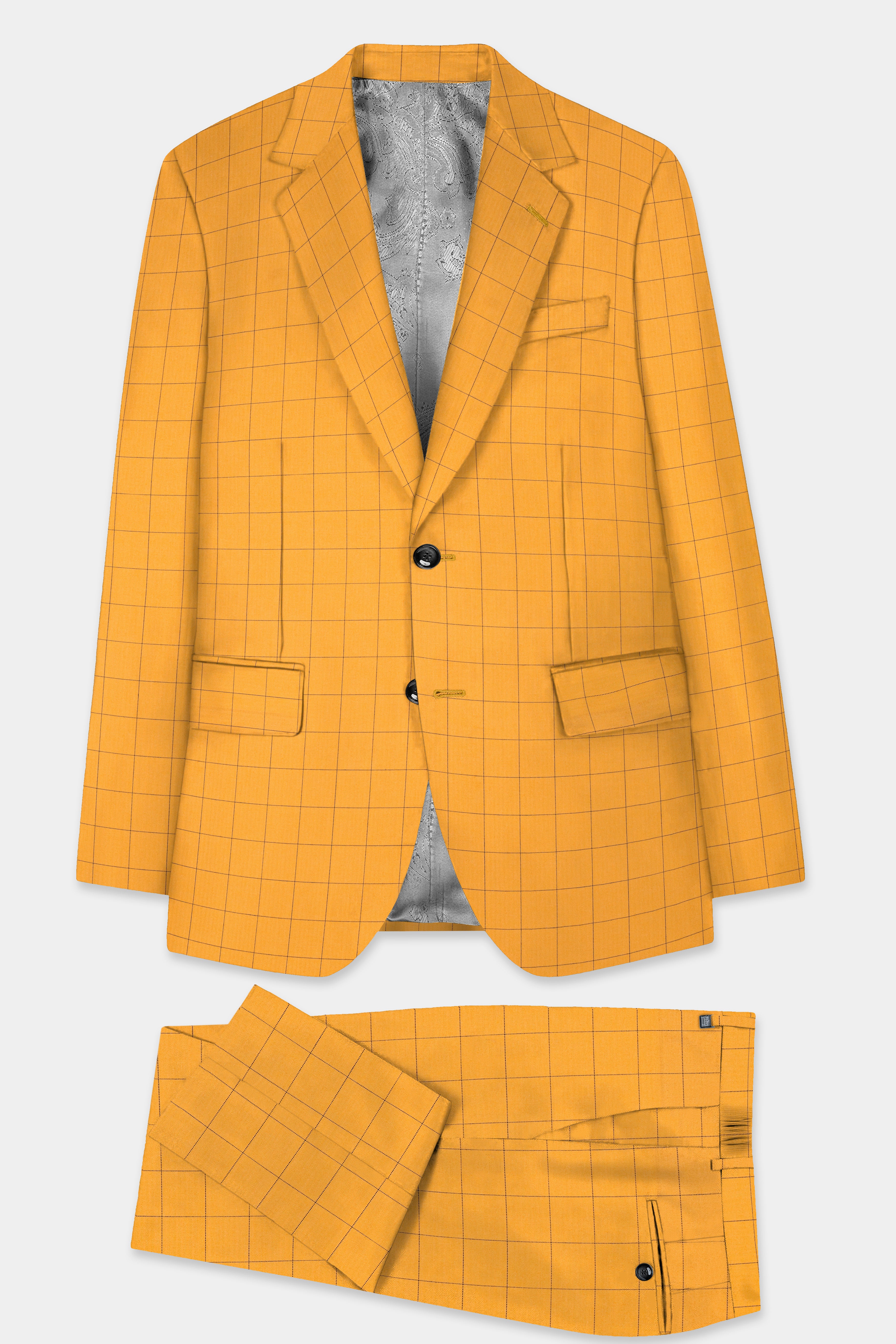 Cantaloupe Yellow herringbone Windowpane Single Breasted Suit