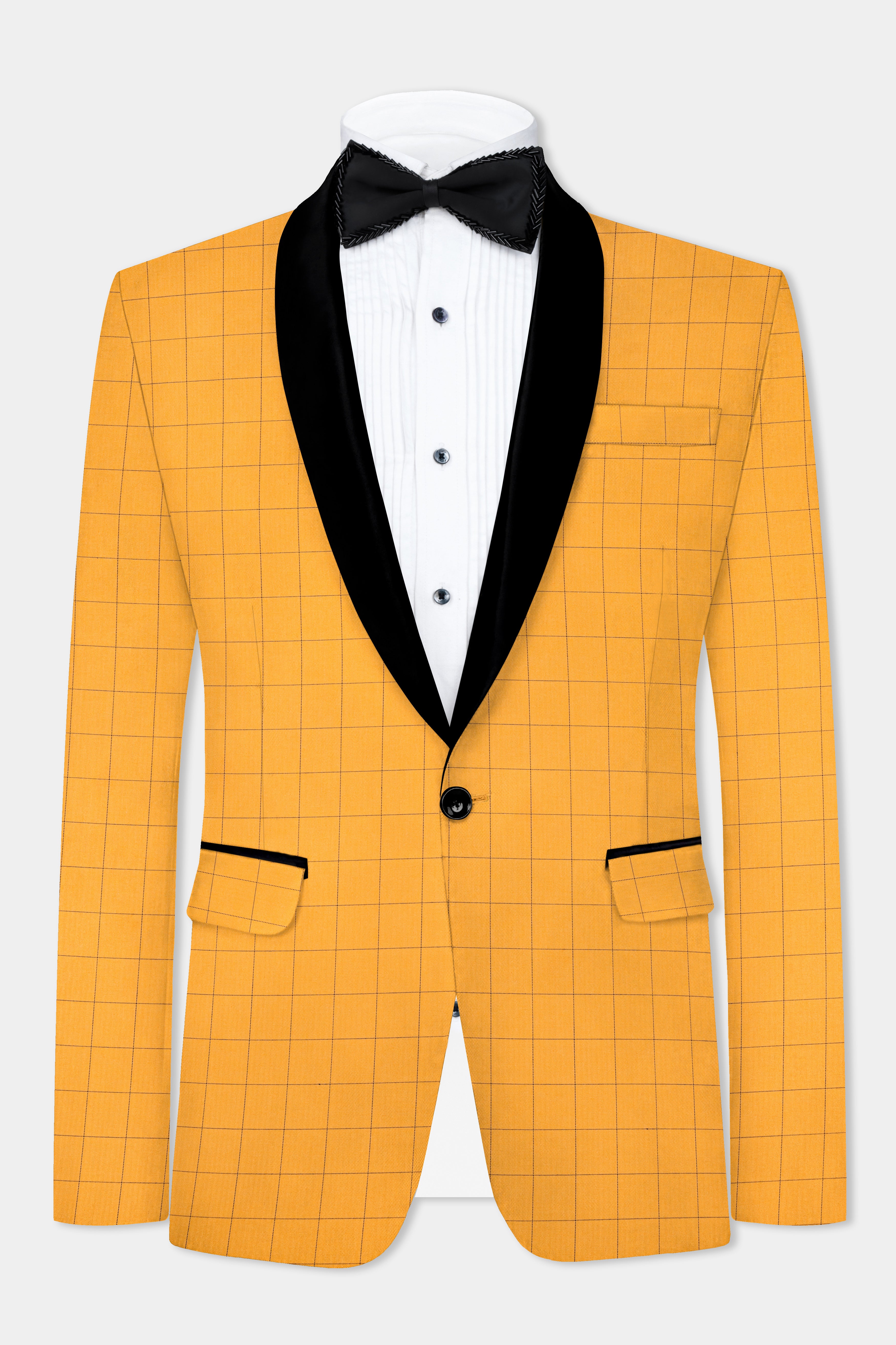 Cantaloupe Yellow herringbone Windowpane Tuxedo Suit