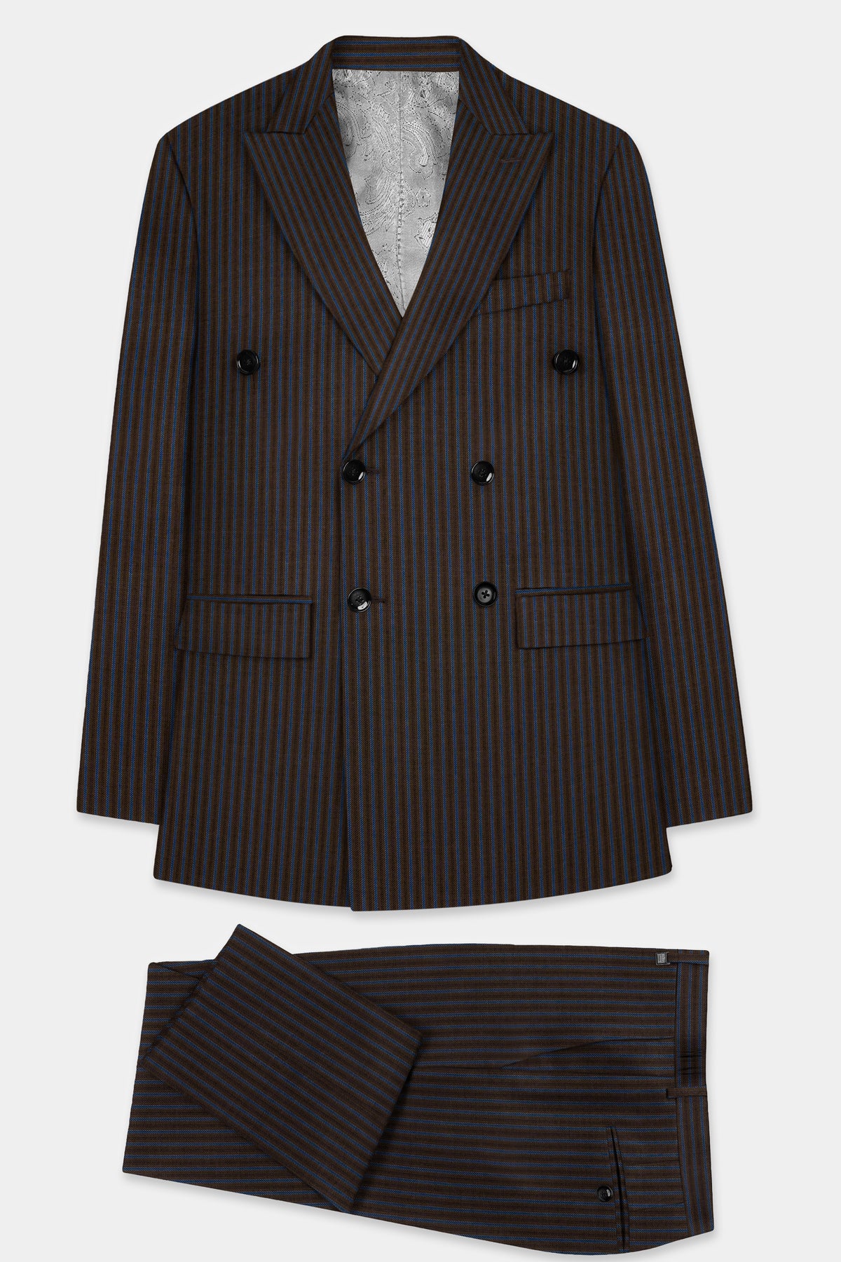 Eclipse Brown with Kashmir Blue Striped Wool Blend Double Breasted Suit