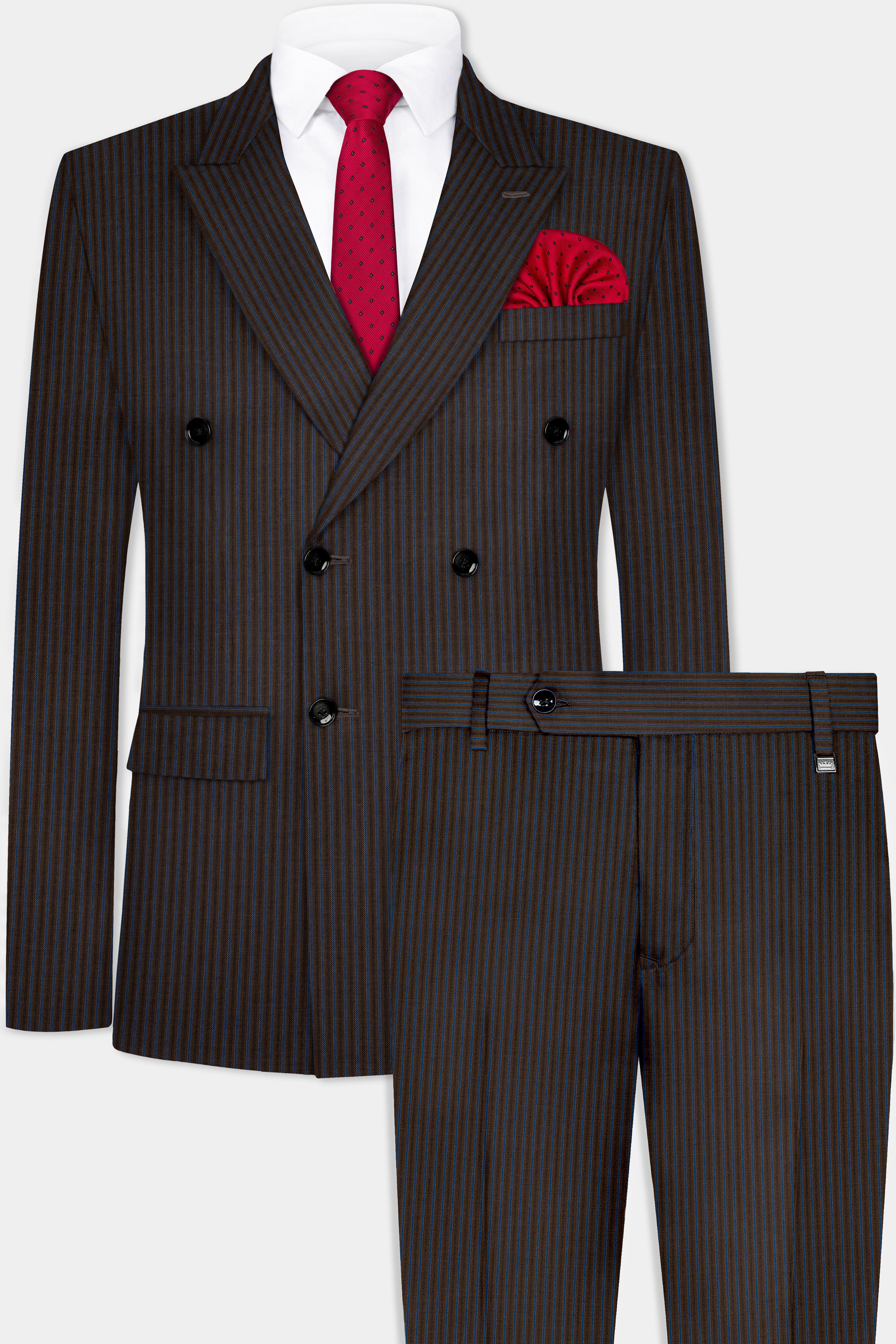 Eclipse Brown with Kashmir Blue Striped Wool Blend Double Breasted Suit