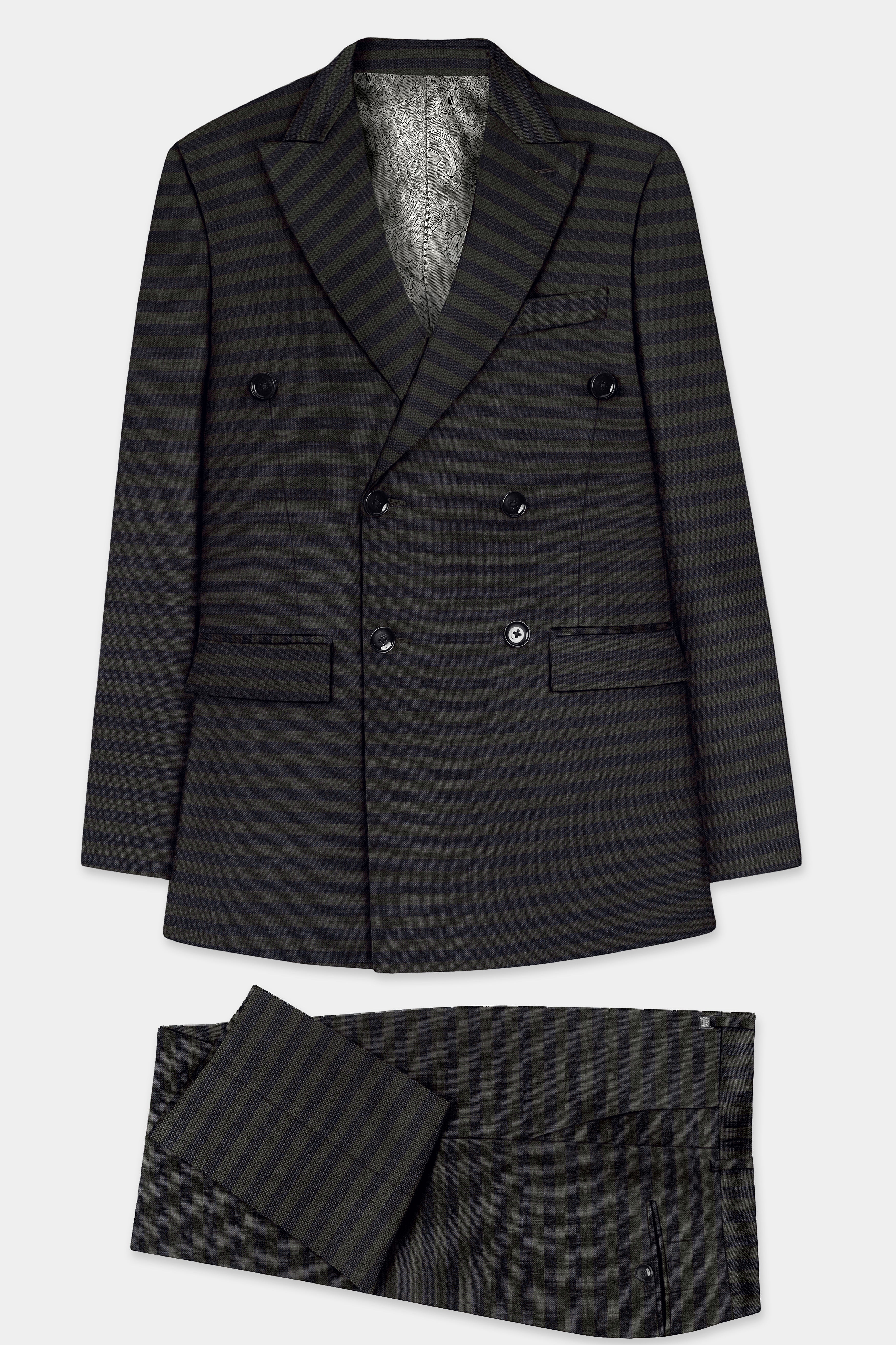 Heavy Green with Black Stripes Premium Wool Blend Double Breasted
