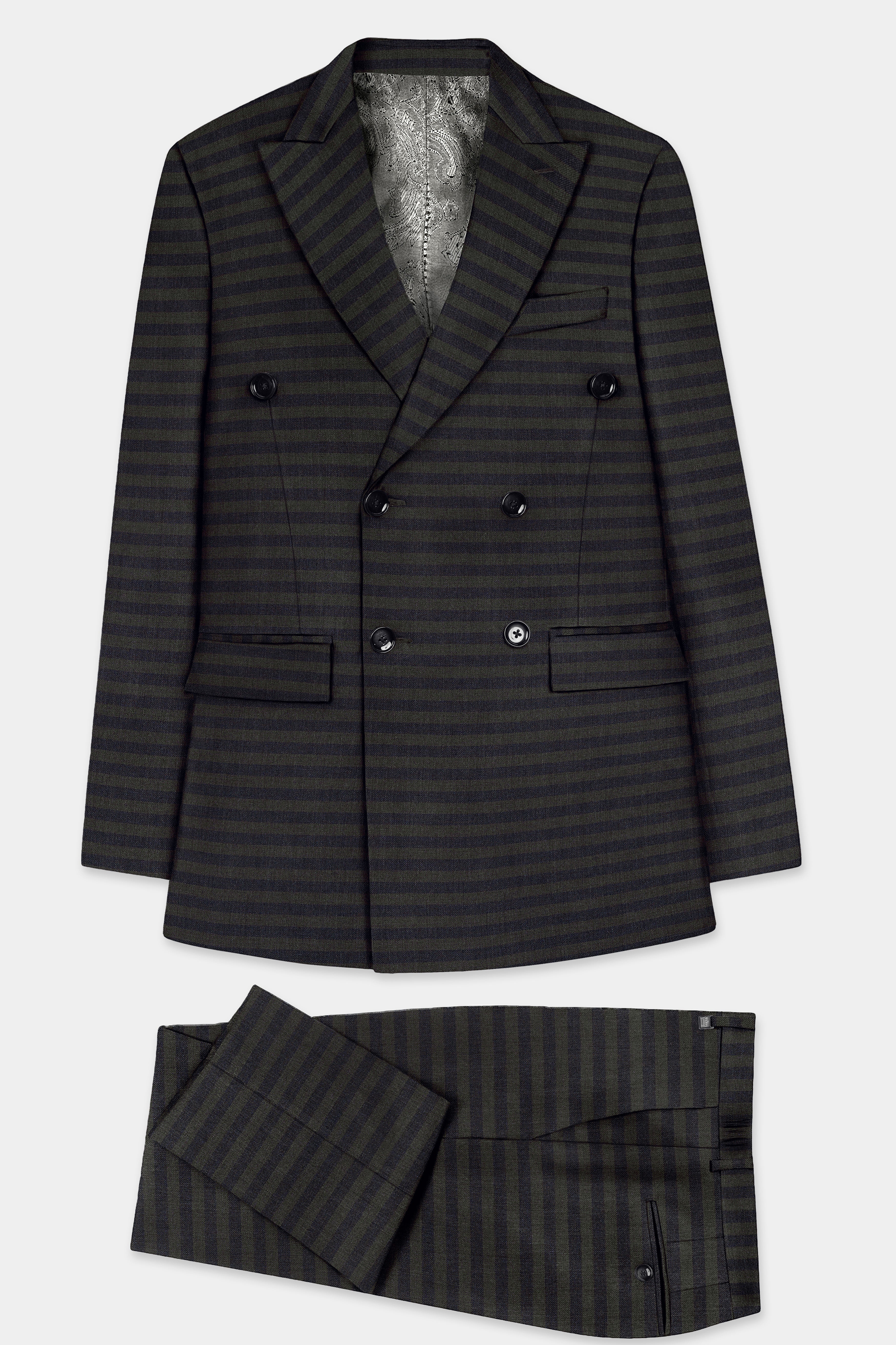 Heavy Green with Black Striped Wool Blend Double Breasted Suit