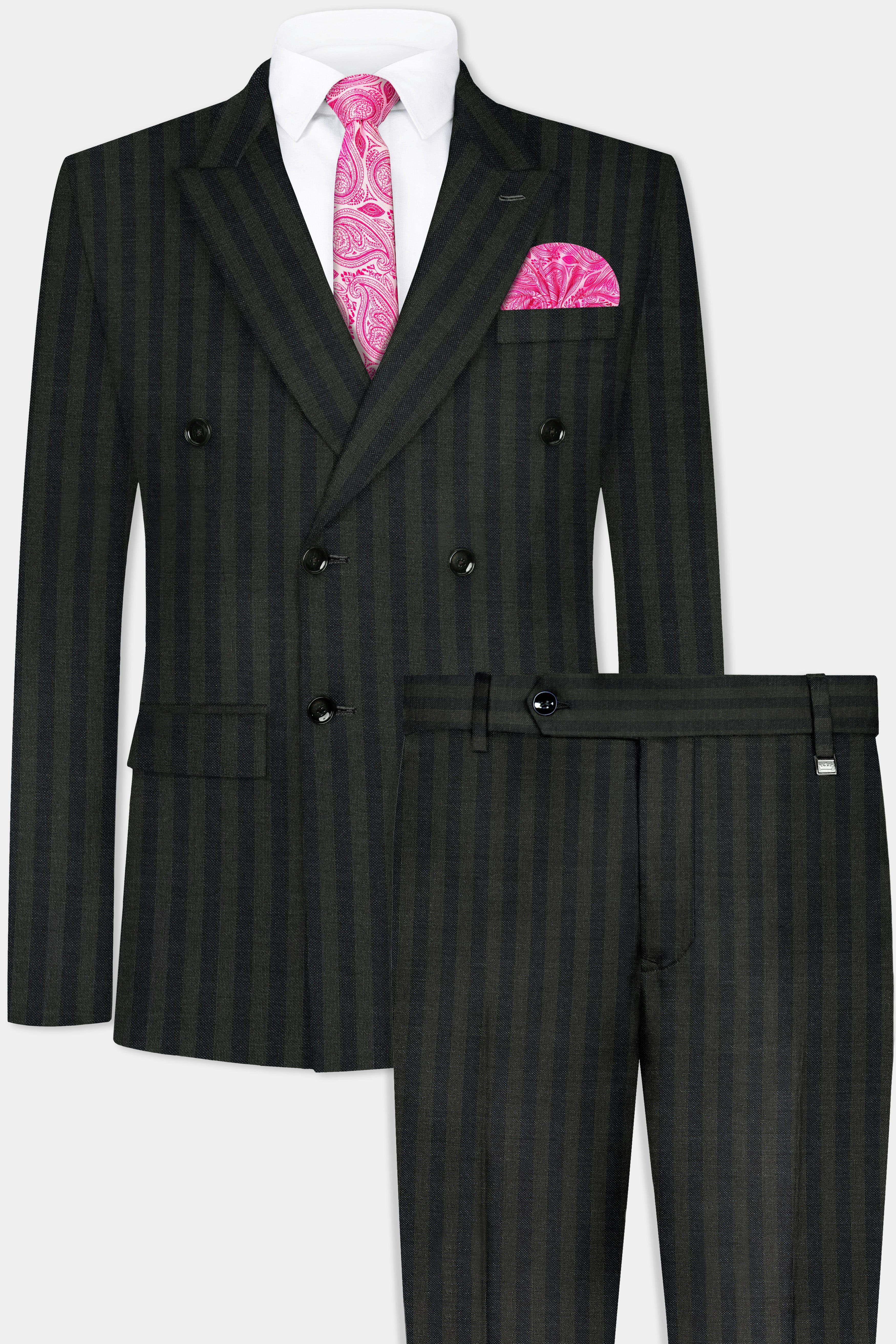 Heavy Green with Black Striped Wool Blend Double Breasted Suit