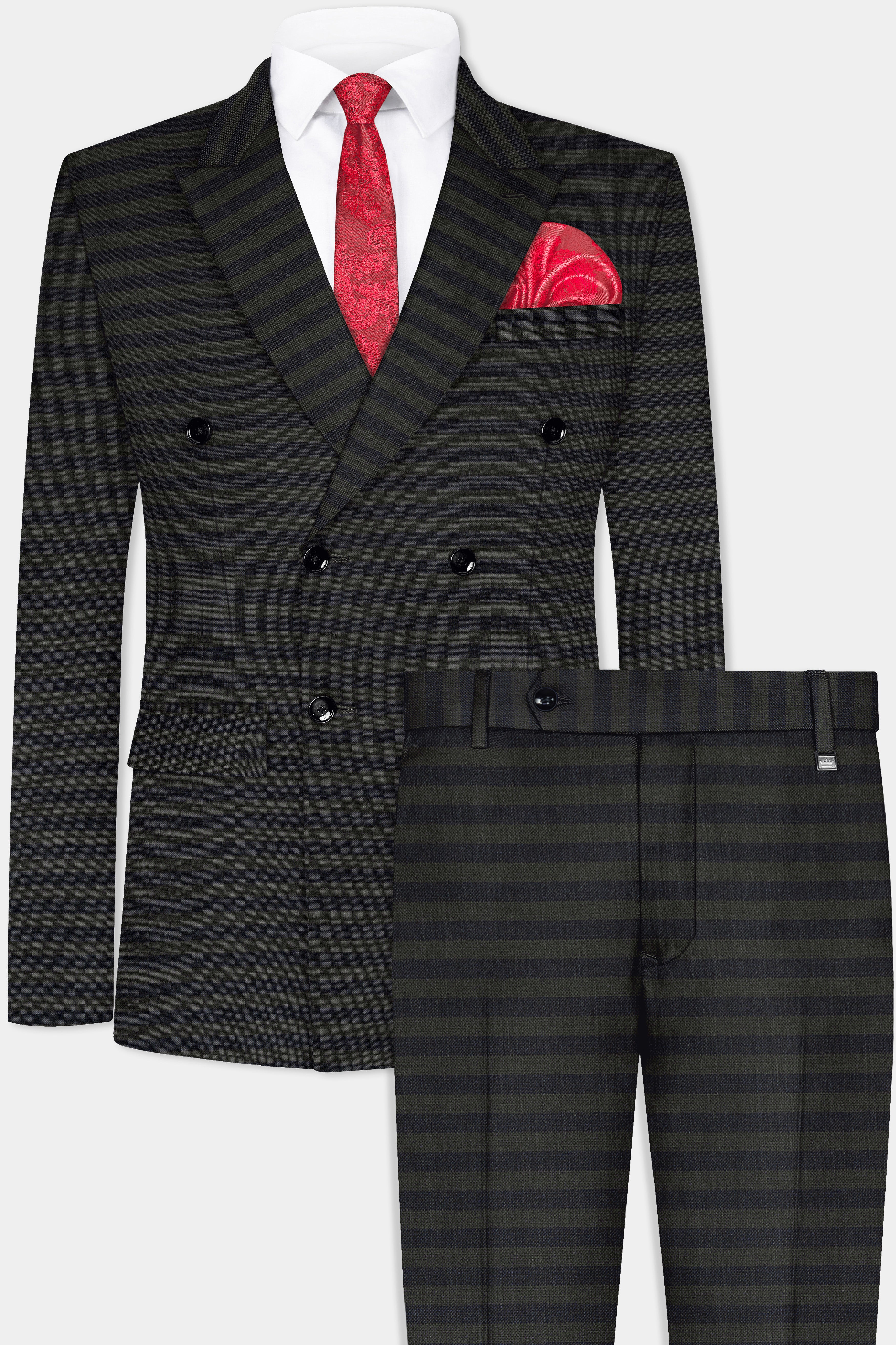 Heavy Green with Black Striped Wool Blend Double Breasted Suit