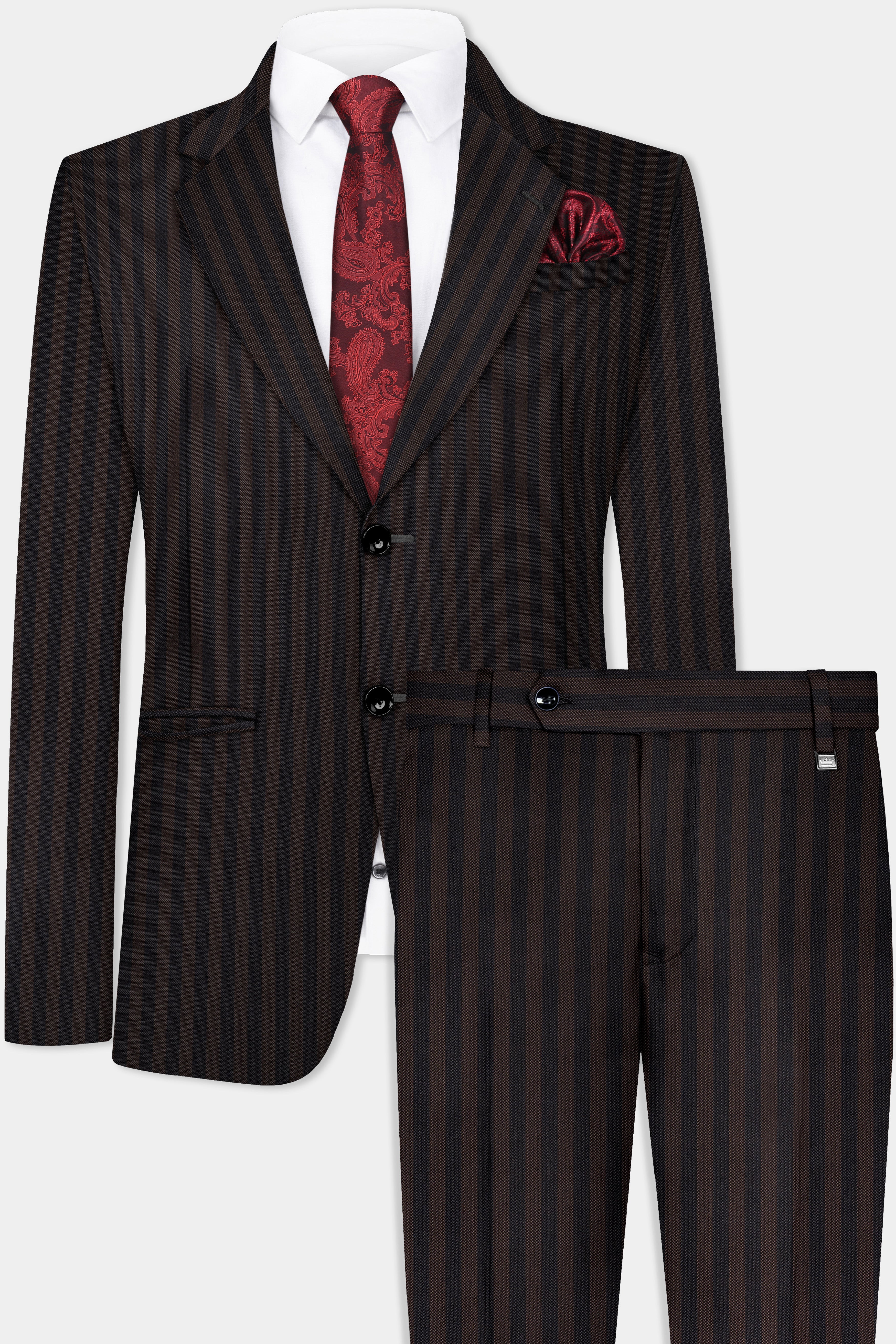Eternity Brown With Vulcan Black Striped Wool Blend Single Breasted Suit