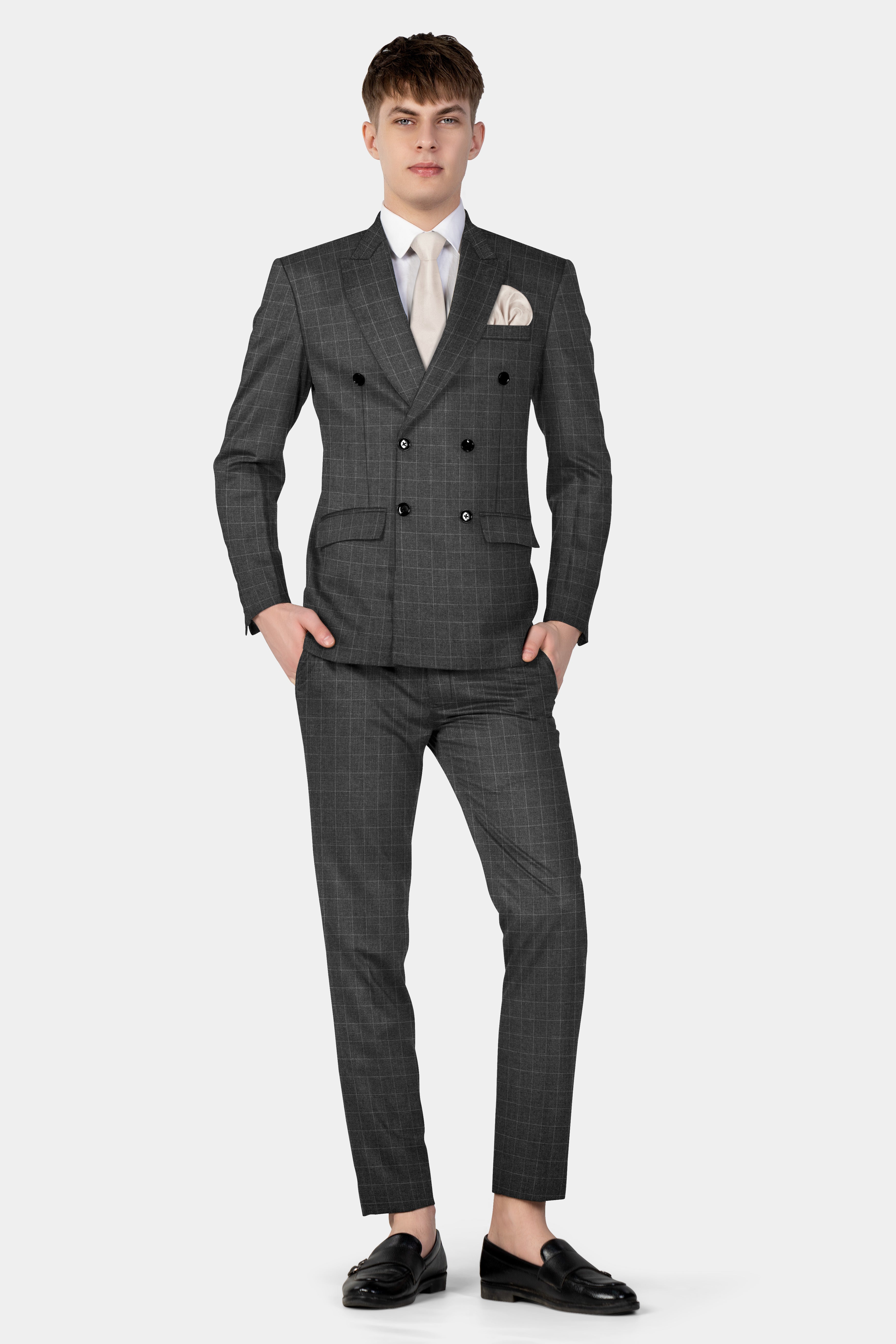 Iridium Gray Plaid Wool Blend Double Breasted Suit