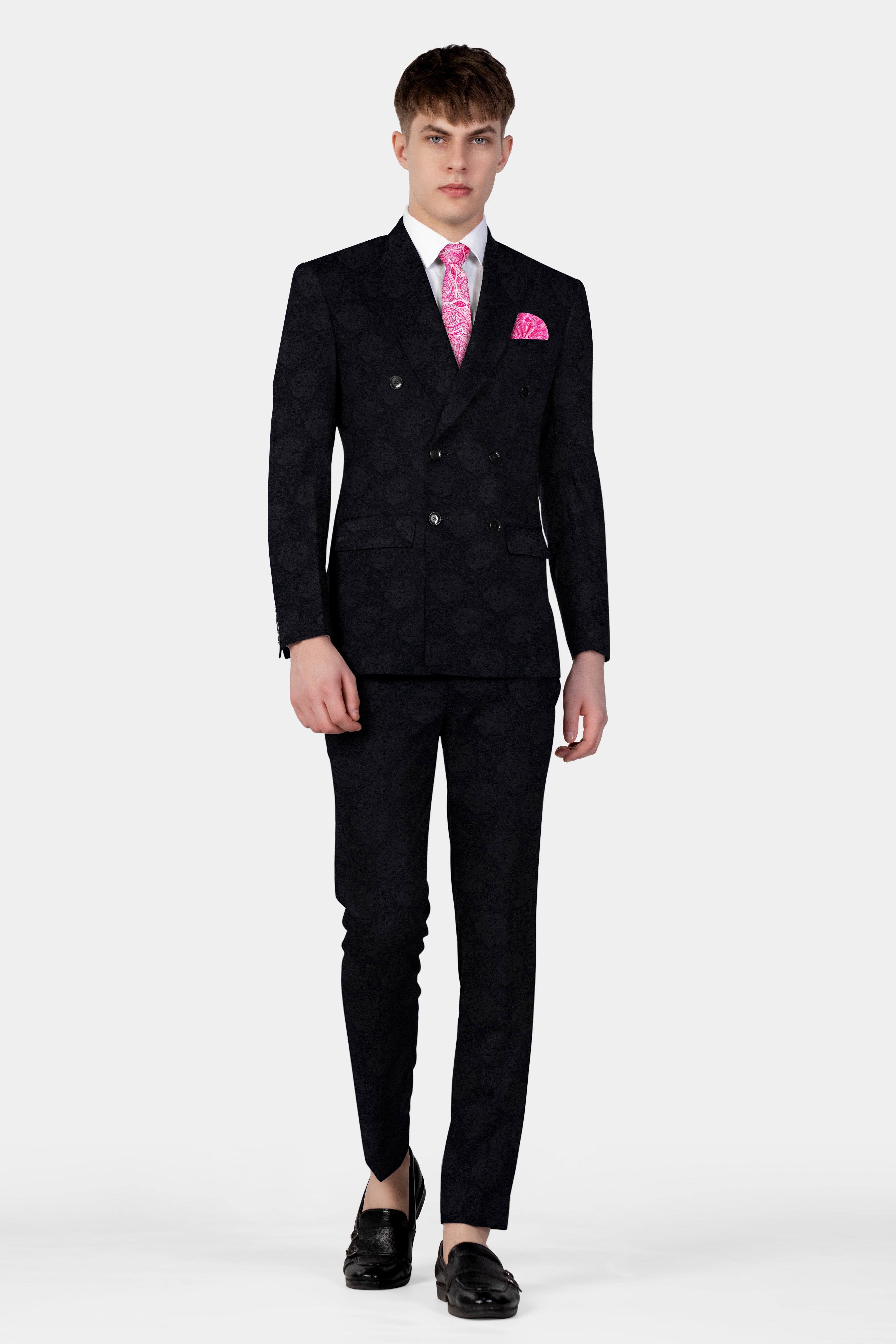 Jade Black Jacquard Textured Double Breasted Suit