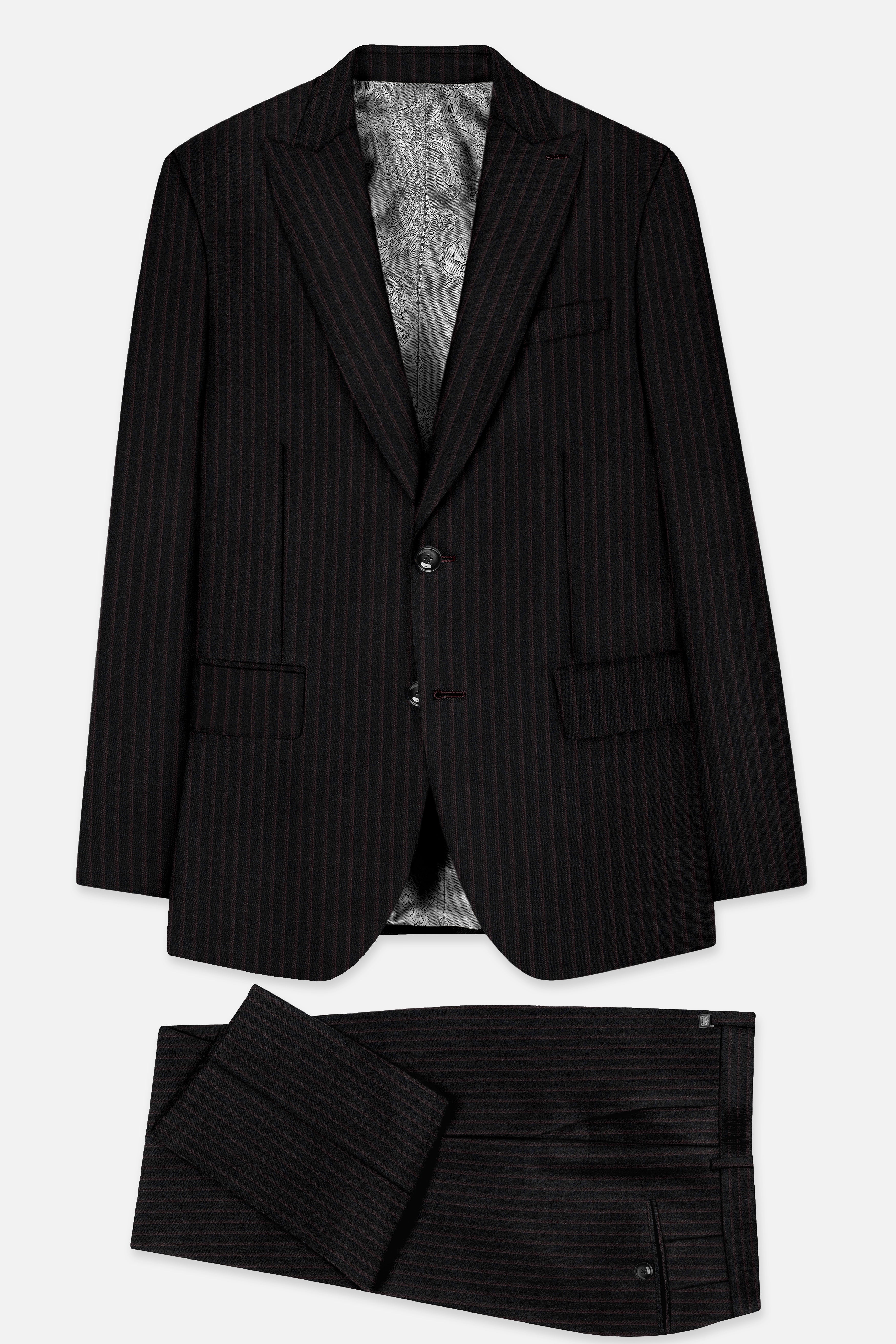 Jade Black With Iridium Maroon Striped Wool Blend Suit