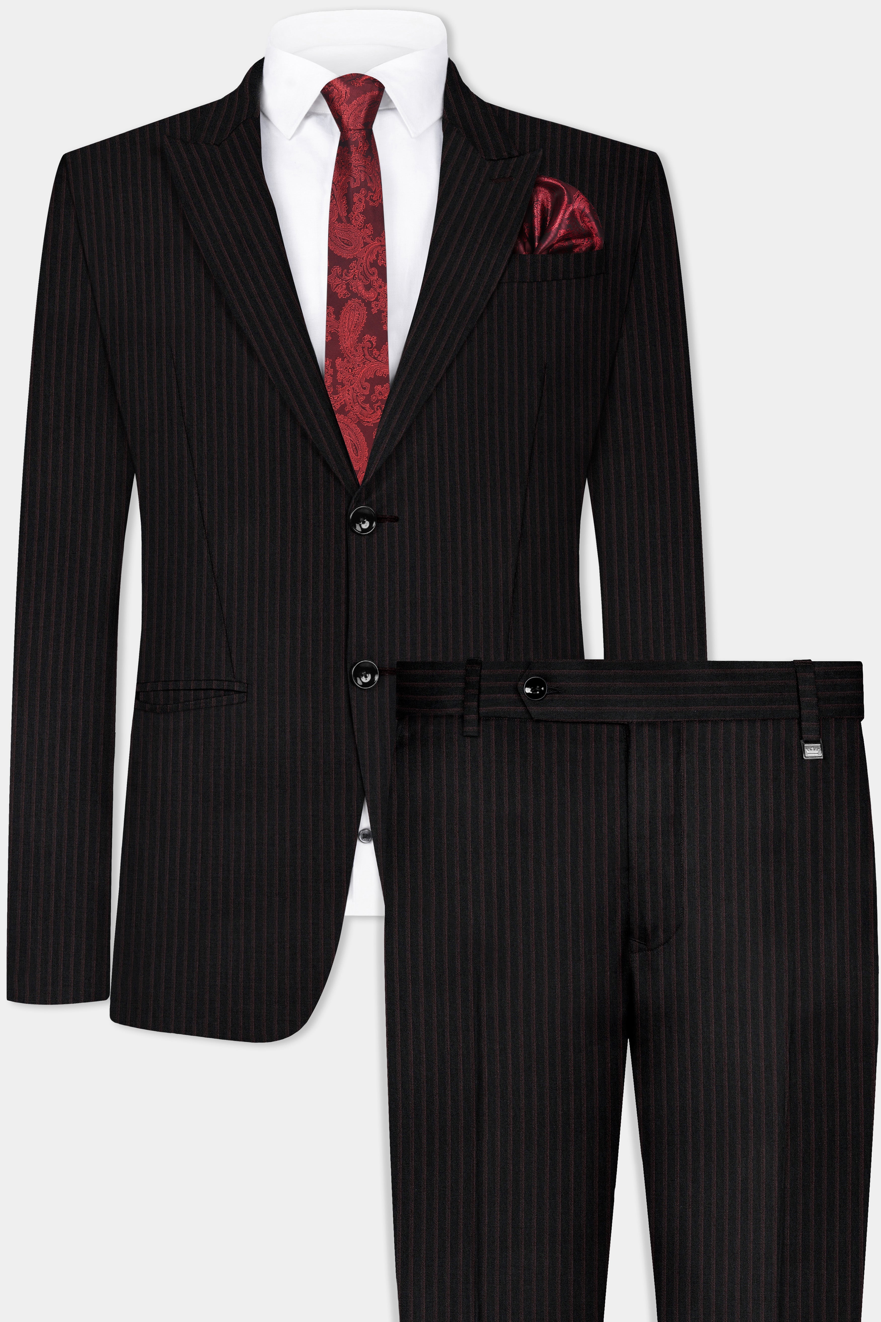 Jade Black With Iridium Maroon Striped Wool Blend Suit