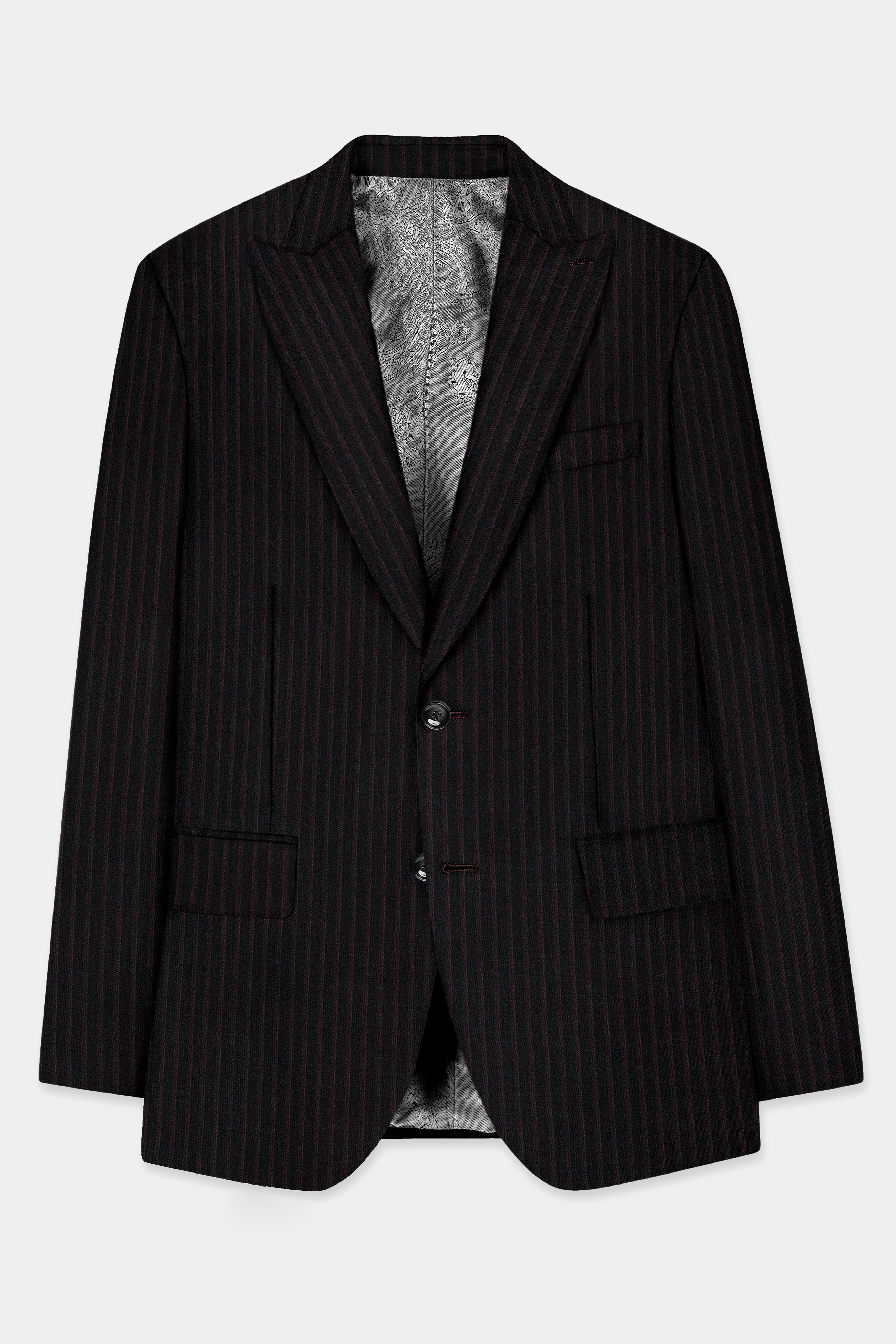 Jade Black With Iridium Maroon Striped Wool Blend Suit