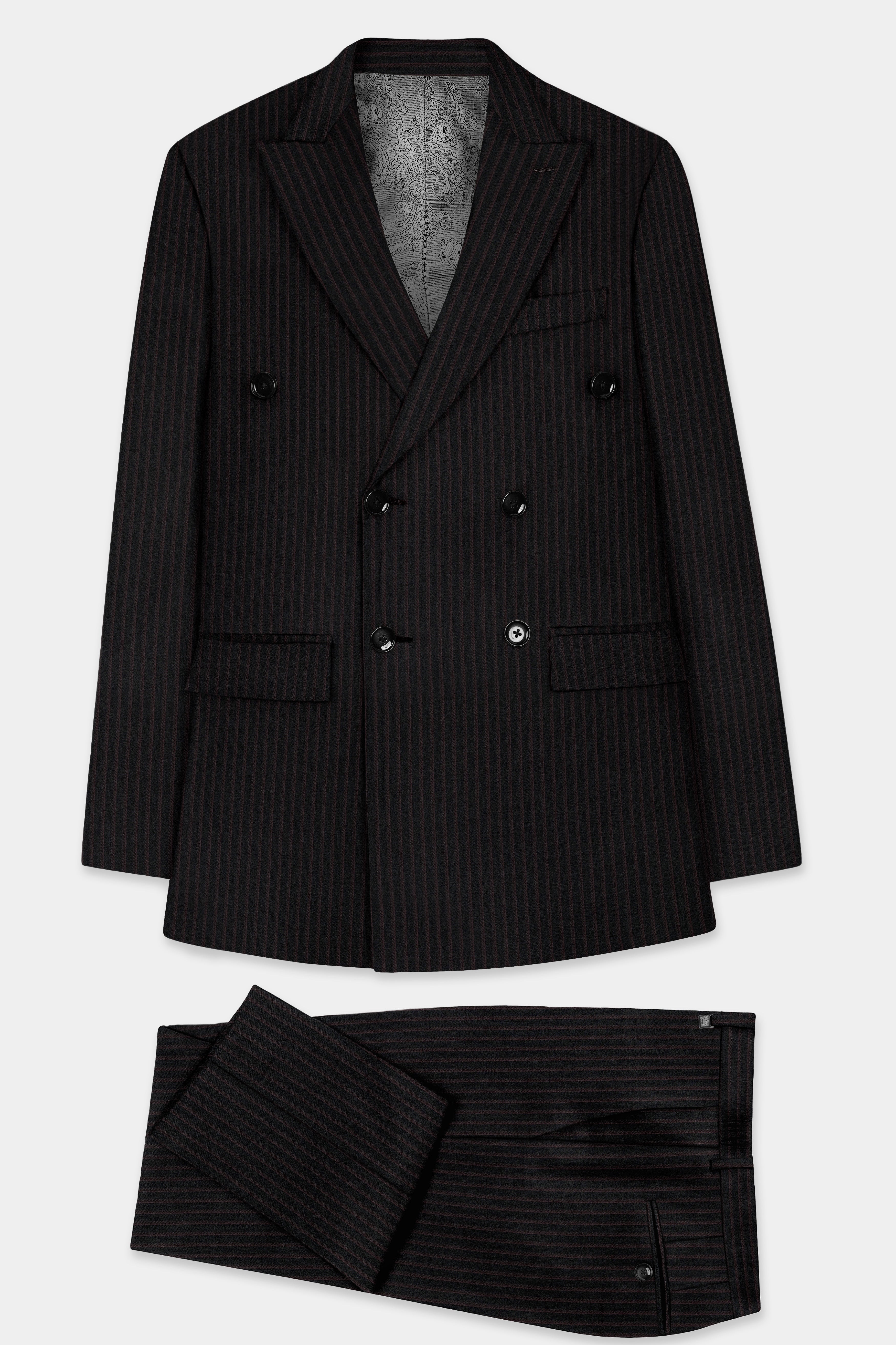 Jade Black With Iridium maroon Striped Wool Blend Double Breasted Suit