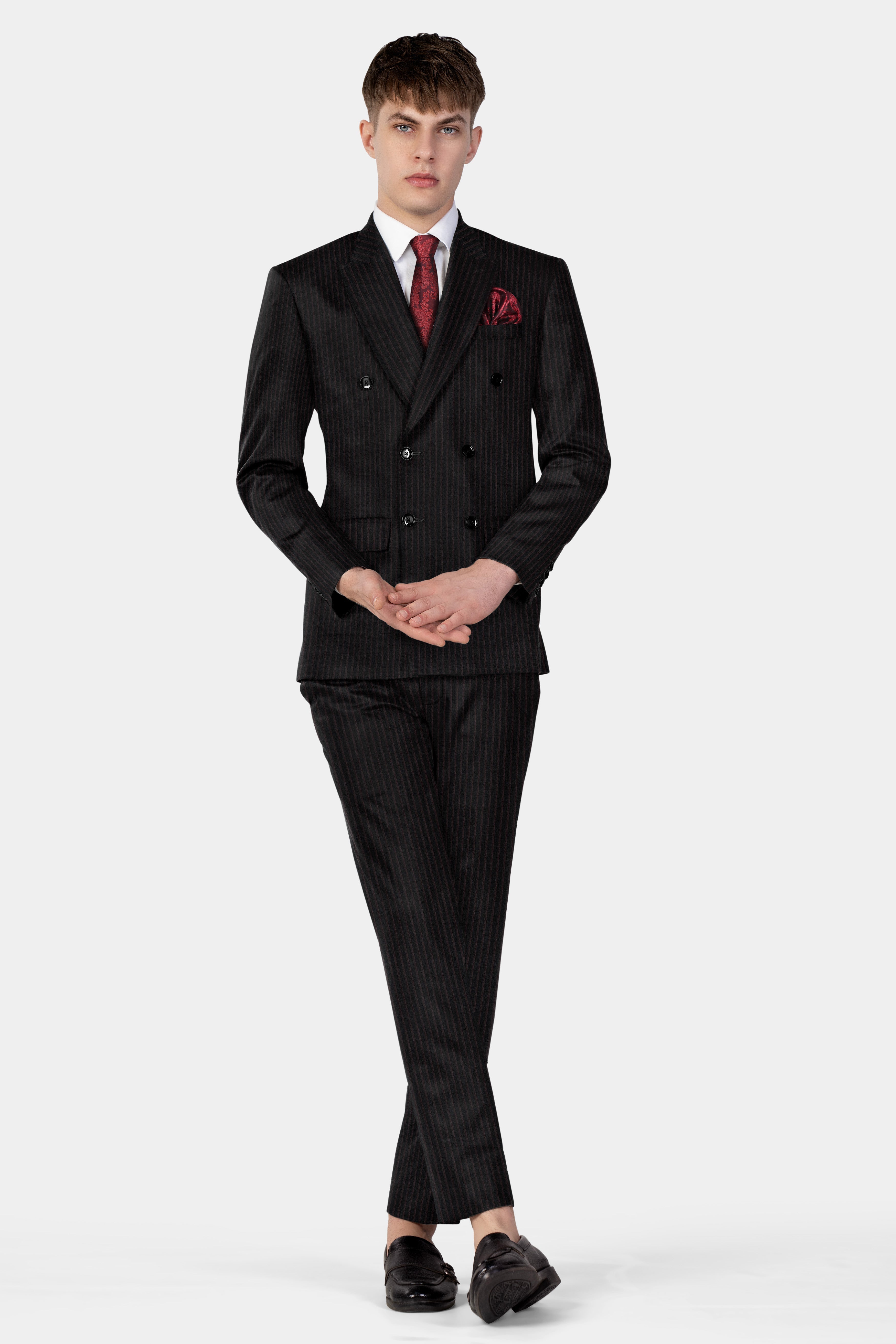 Jade Black With Iridium maroon Striped Wool Blend Double Breasted Suit