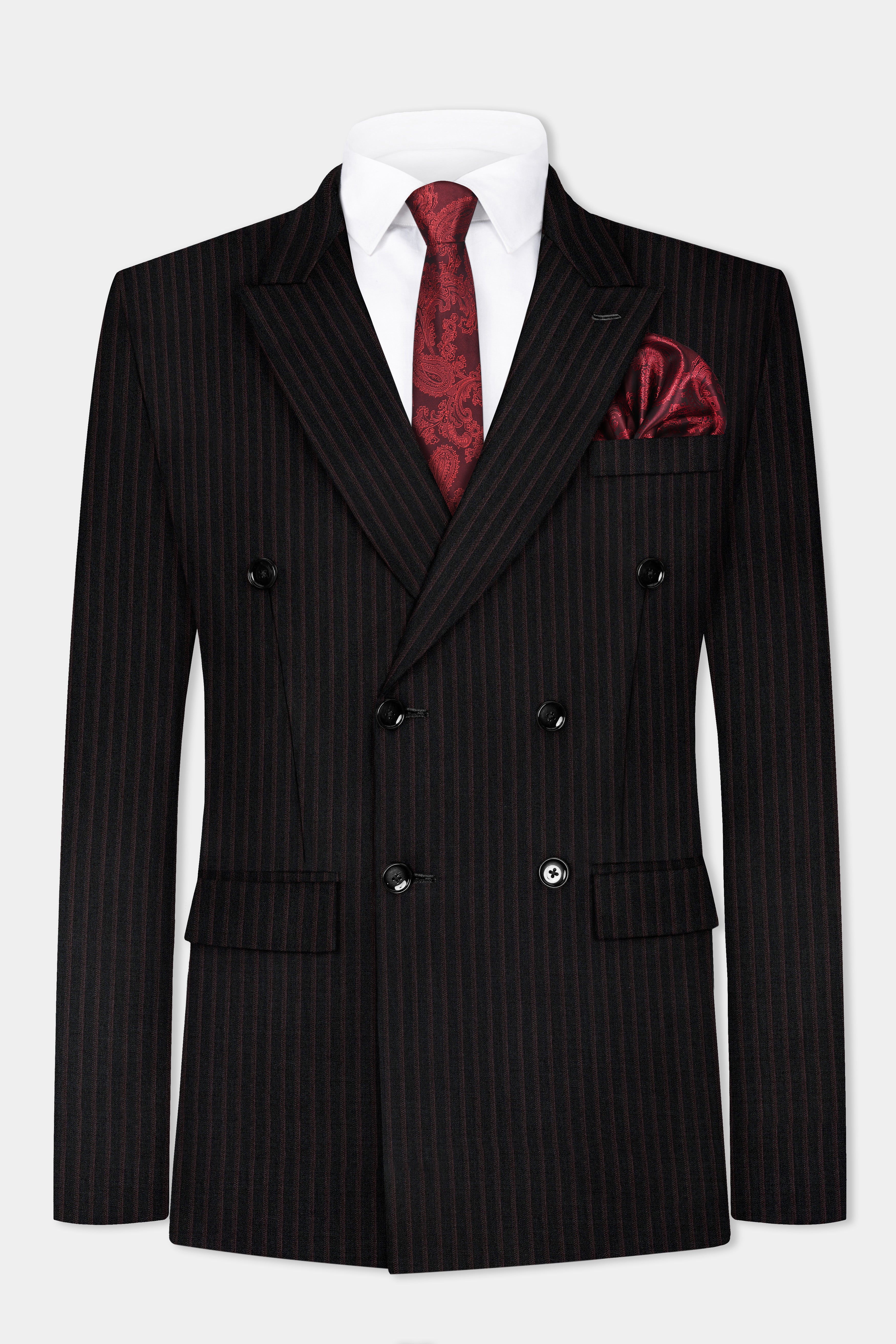 Jade Black With Iridium maroon Striped Wool Blend Double Breasted Suit