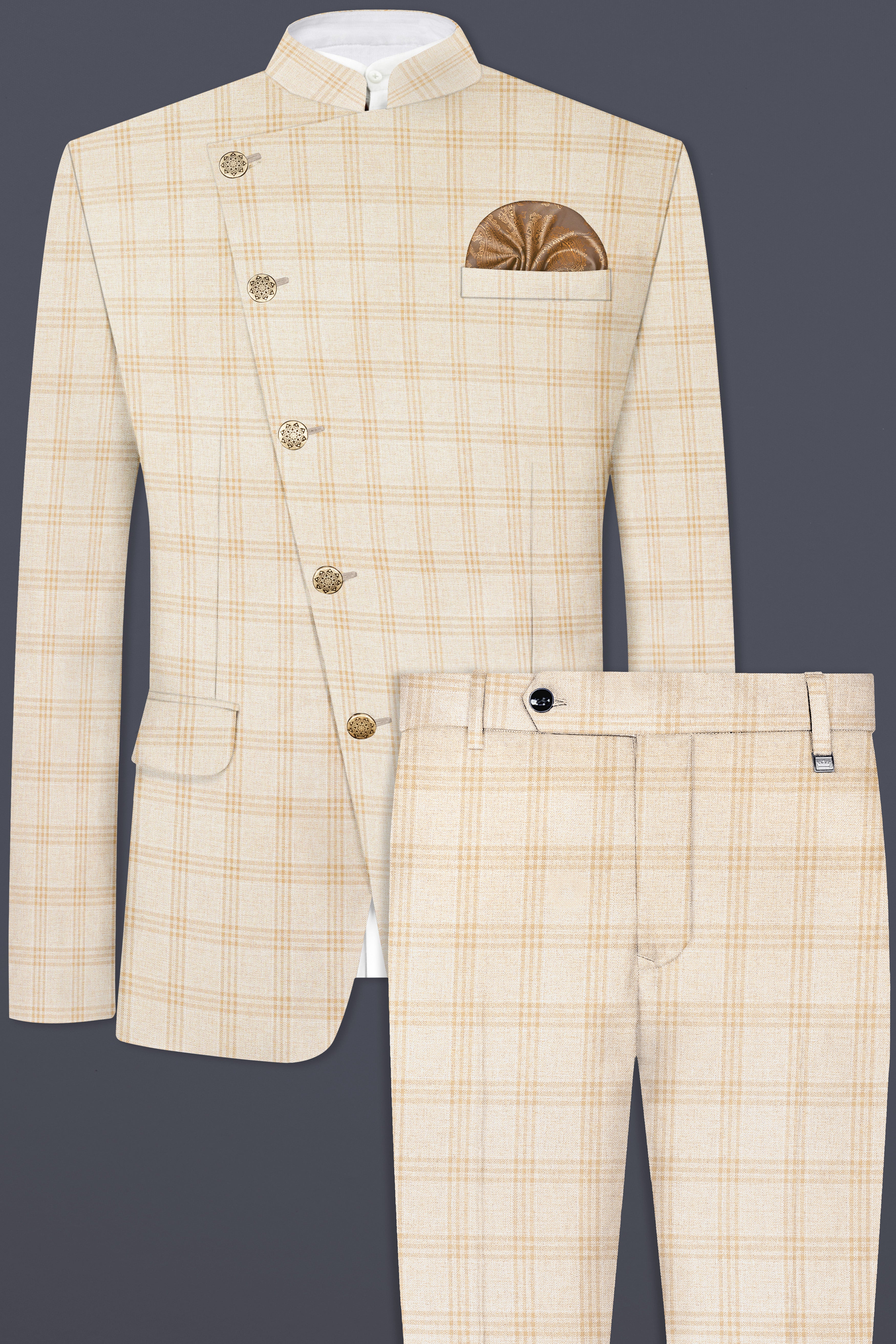 Bizarre Cream Windowpane Cross Placket Bandhgala Suit