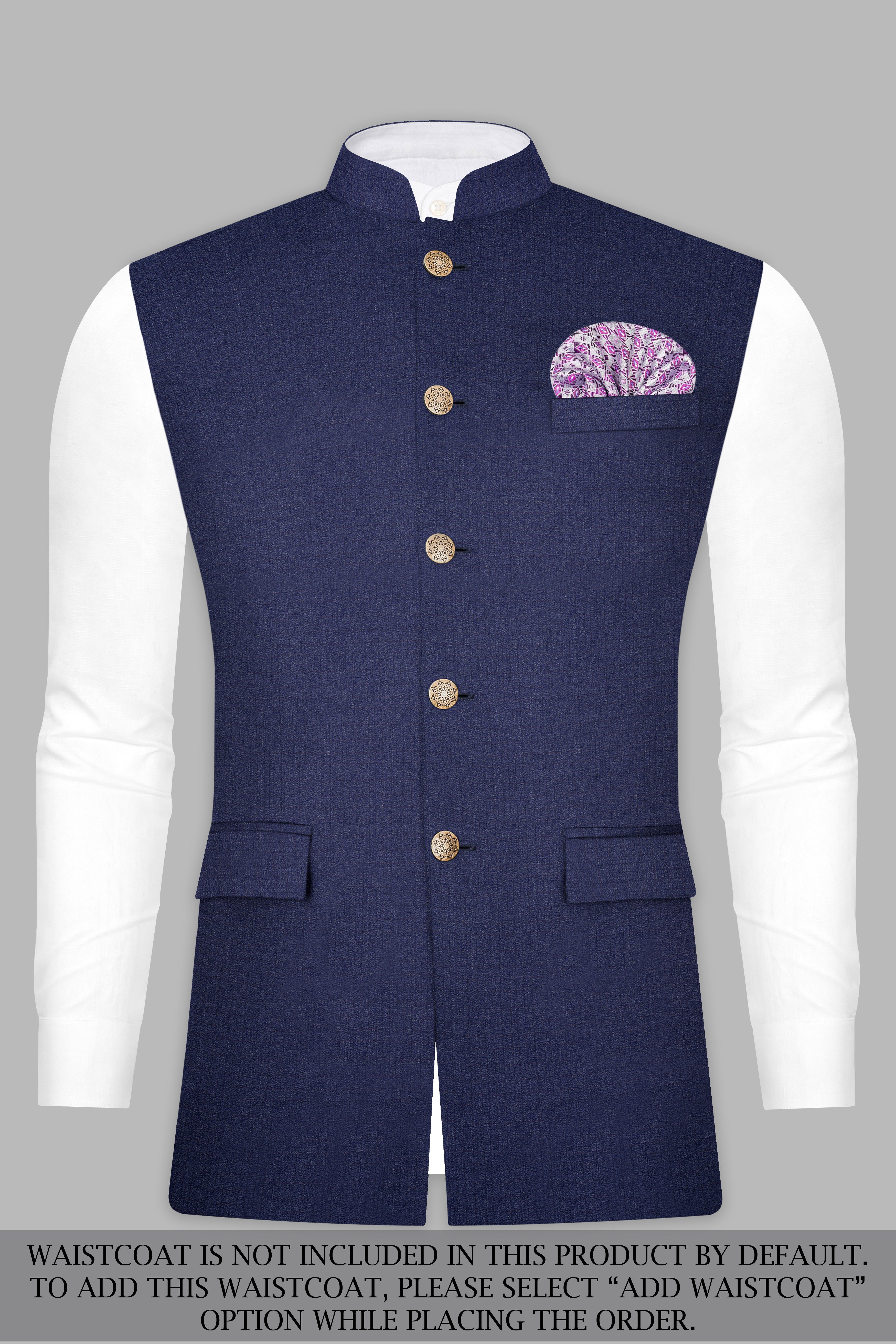 Ebony Clay Blue Textured Wool Blend Cross Placket Bandhgala Suit