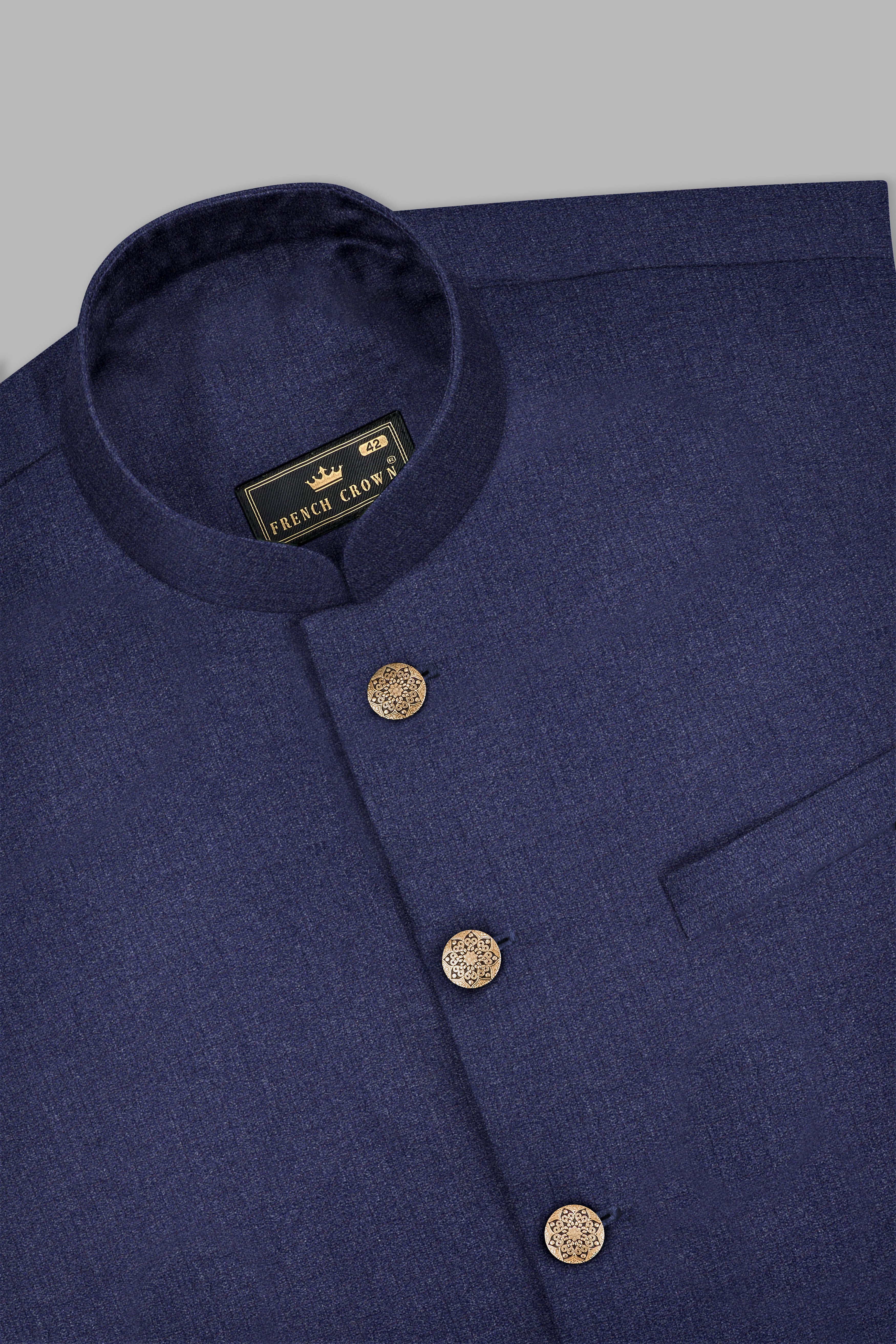 Ebony Clay Blue Textured Wool Blend Cross Placket Bandhgala Suit