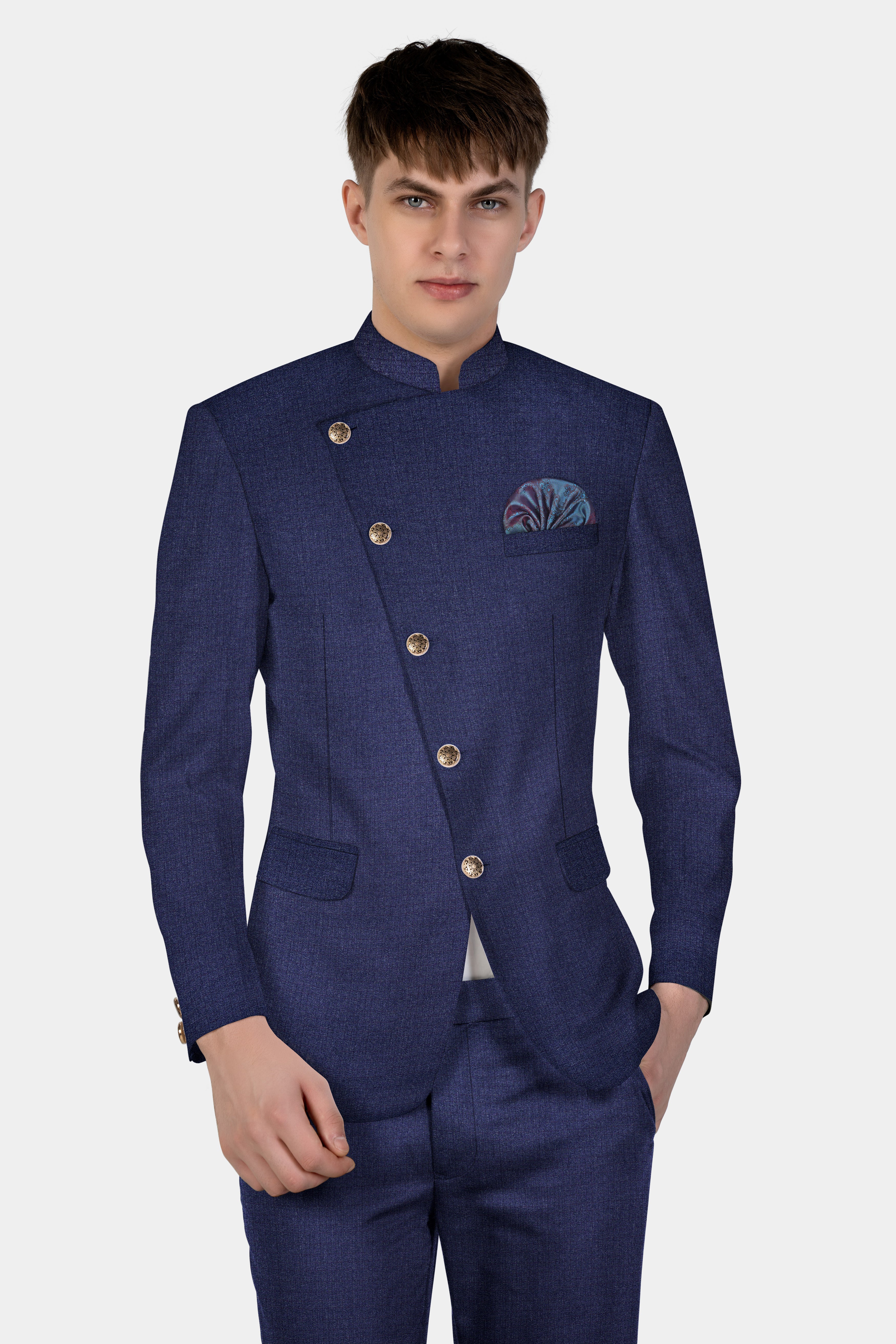 Ebony Clay Blue Textured Wool Blend Cross Placket Bandhgala Suit