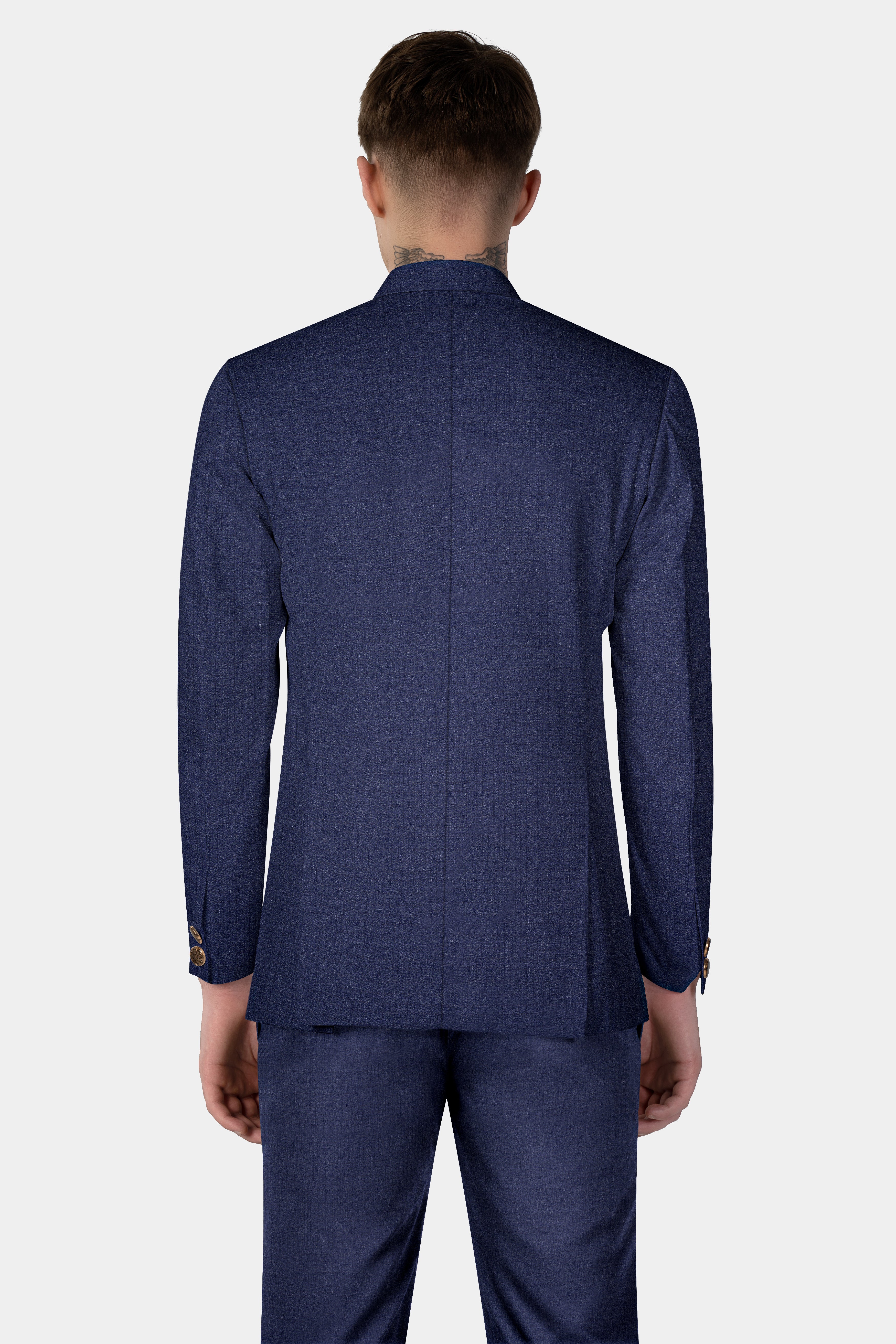 Ebony Clay Blue Textured Wool Blend Cross Placket Bandhgala Suit