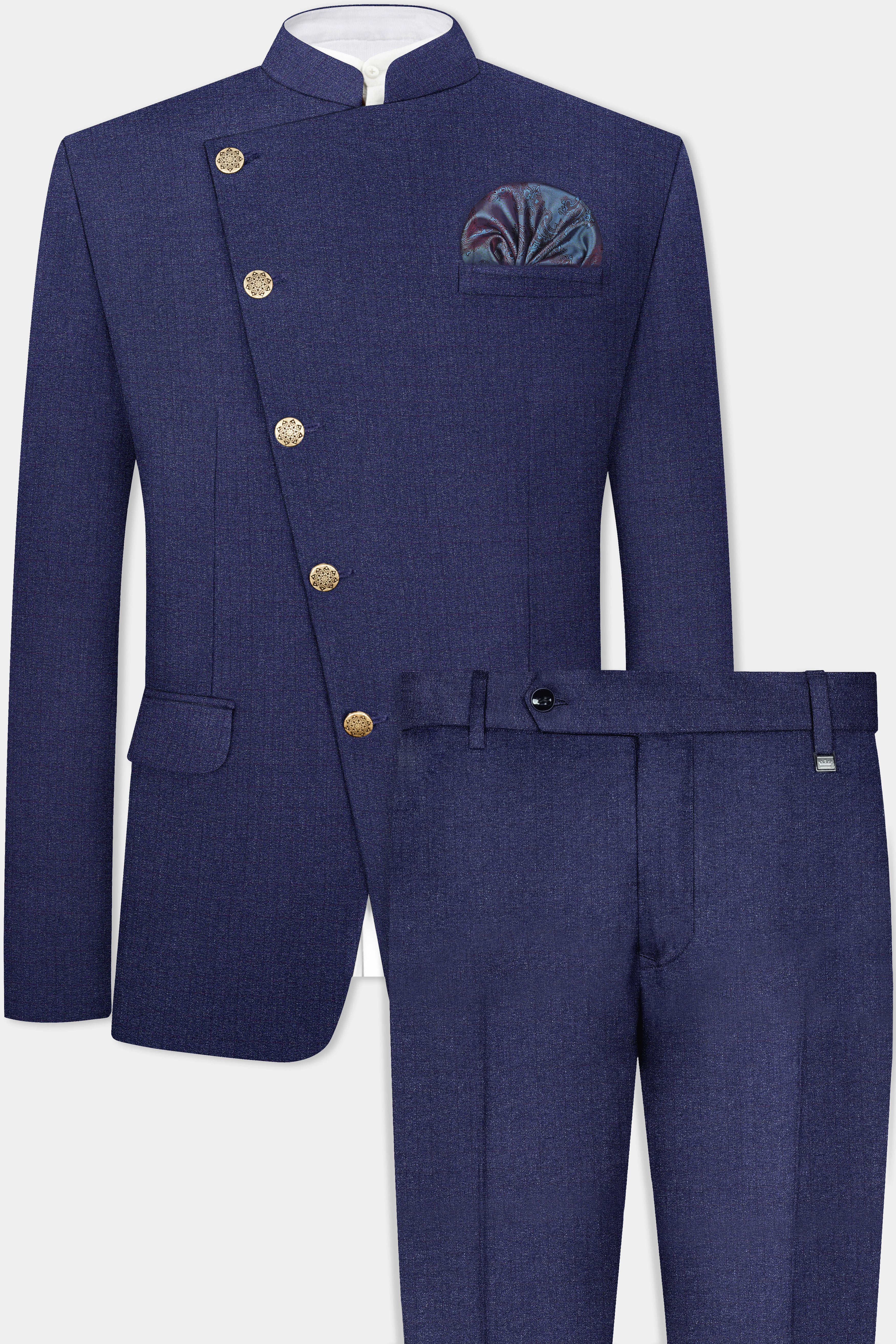 Ebony Clay Blue Textured Wool Blend Cross Placket Bandhgala Suit