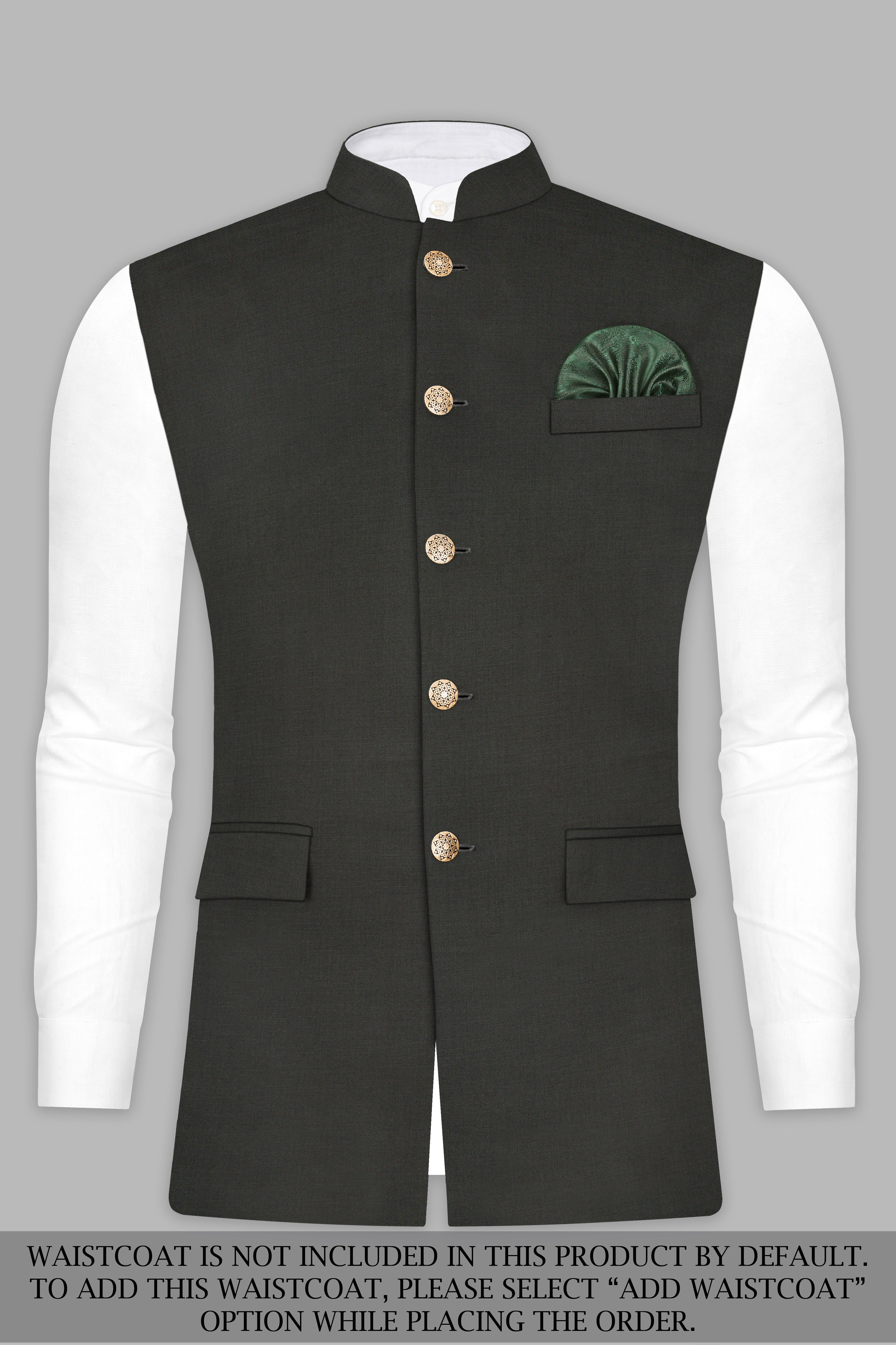 Rangoon Green Wool Blend Cross Placket Bandhgala Suit