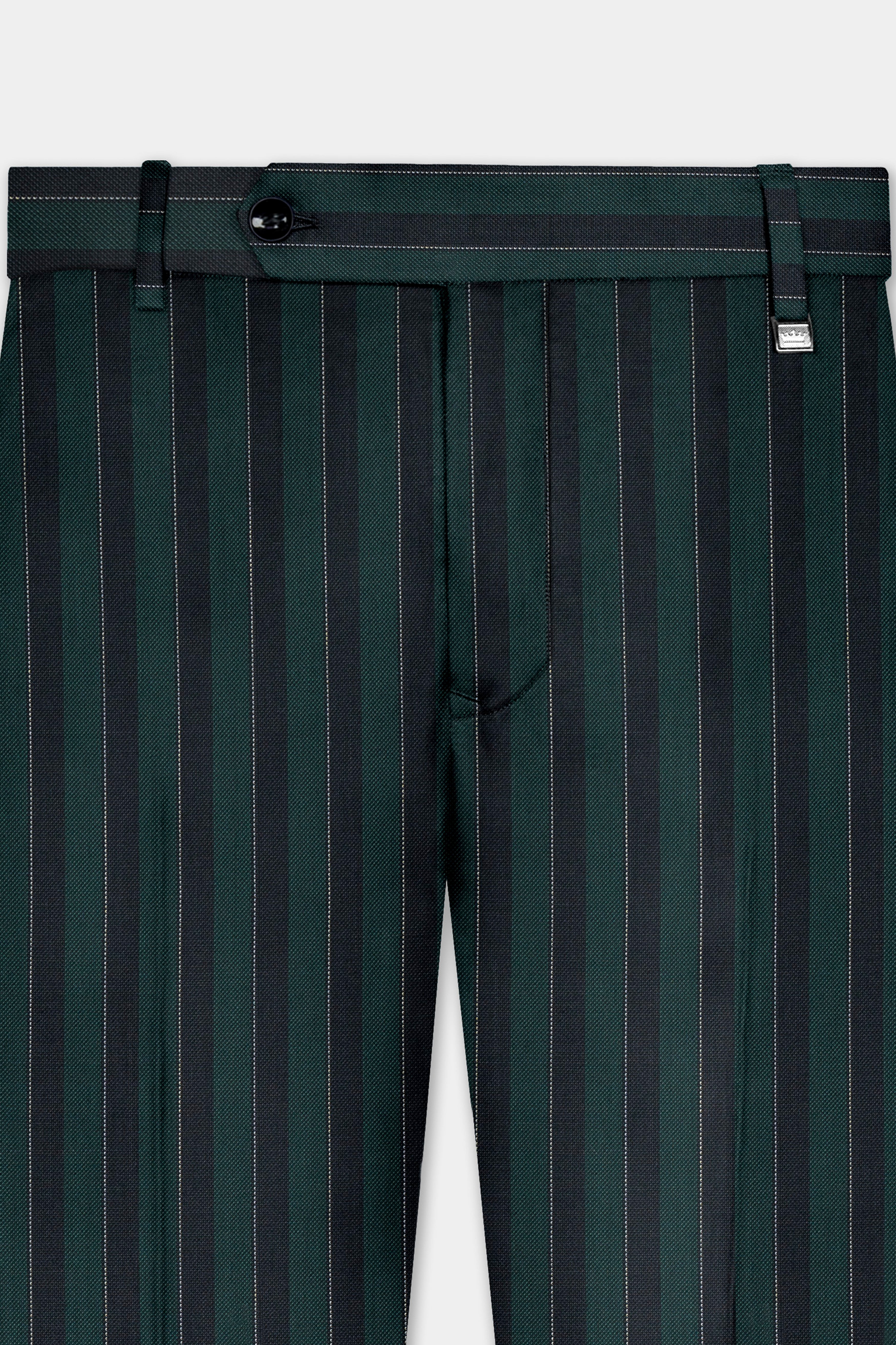 Timber Green With Bunker Black Striped Wool Blend Cross Placket Bandhgala Suit