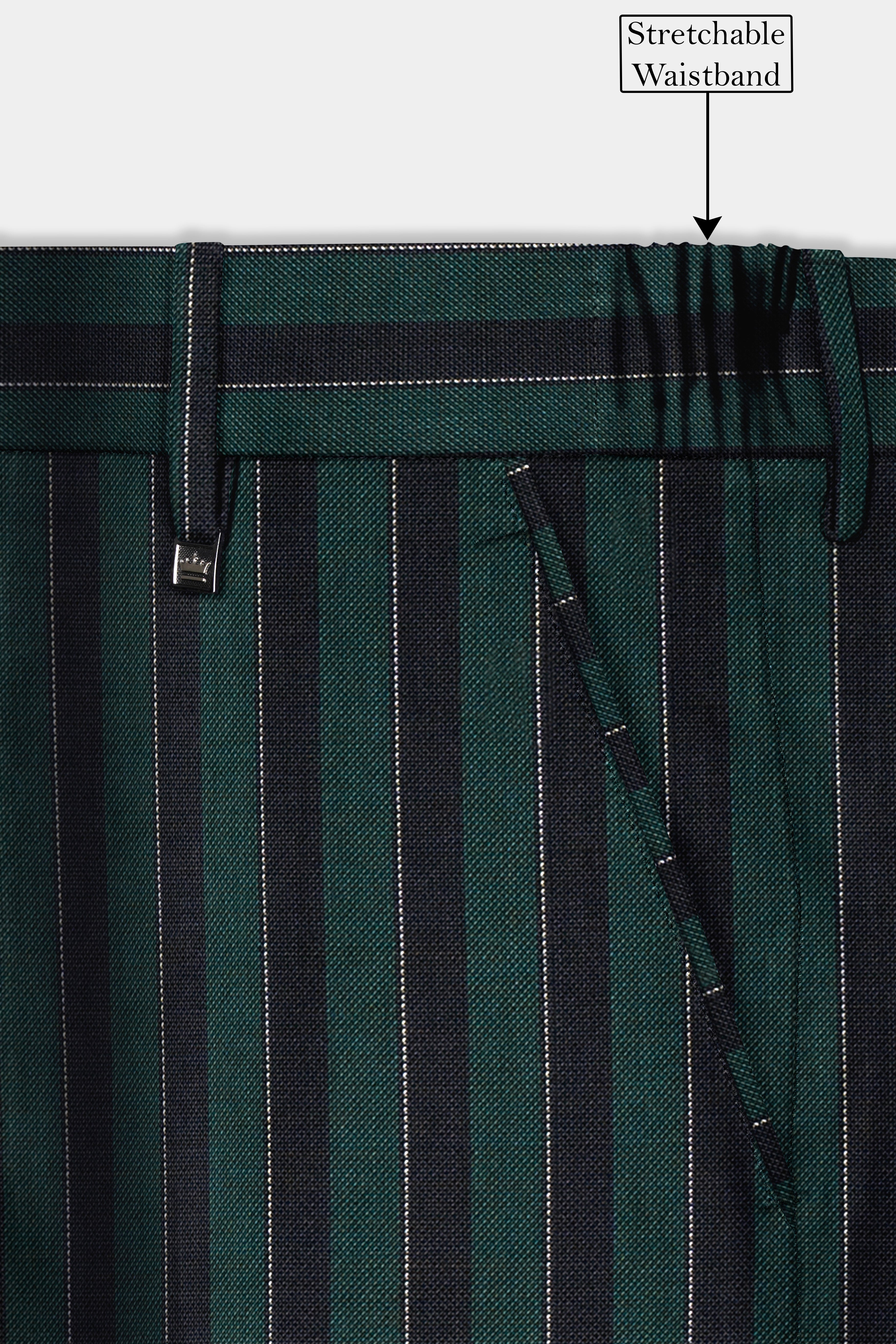 Timber Green With Bunker Black Striped Wool Blend Cross Placket Bandhgala Suit