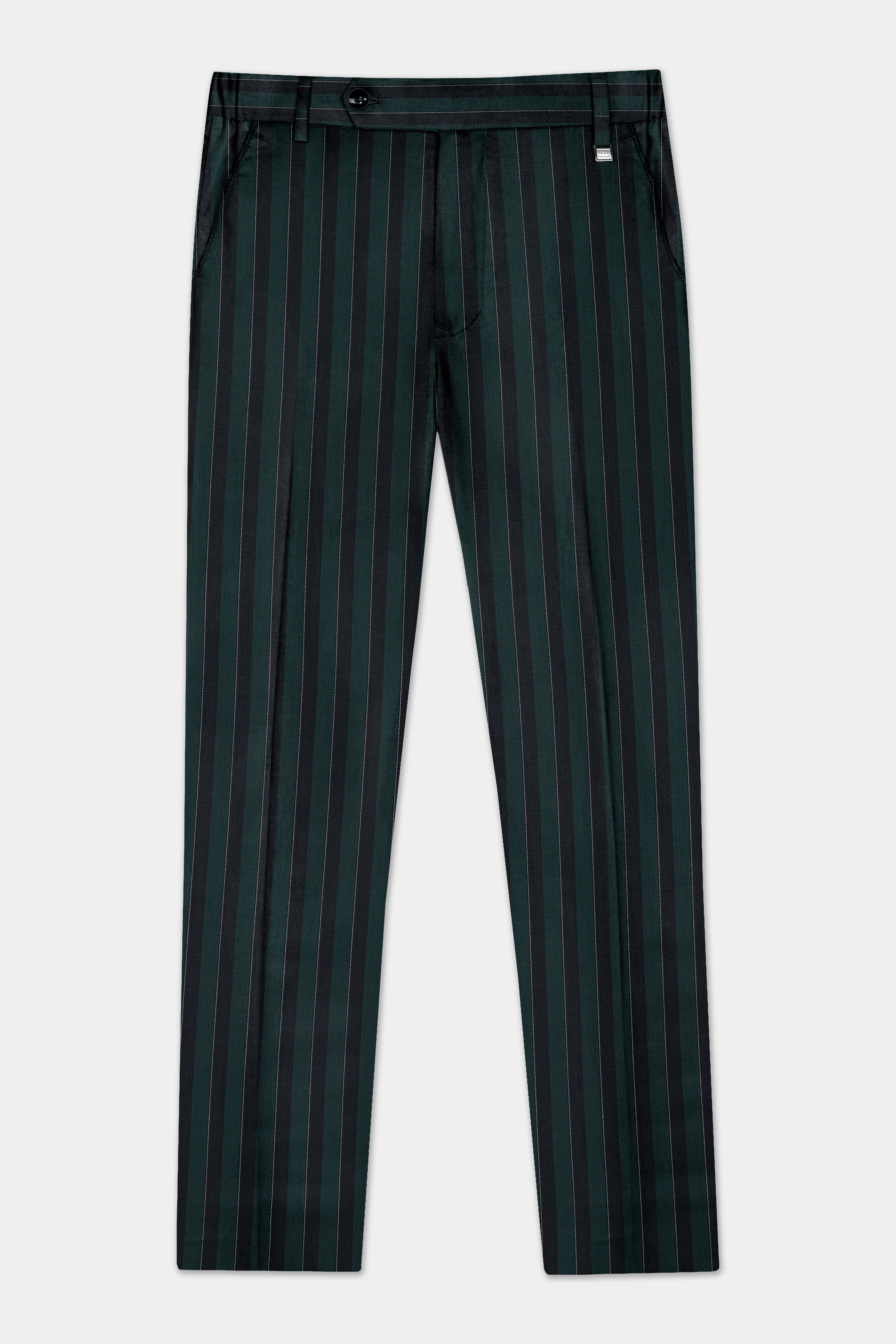 Timber Green With Bunker Black Striped Wool Blend Cross Placket Bandhgala Suit