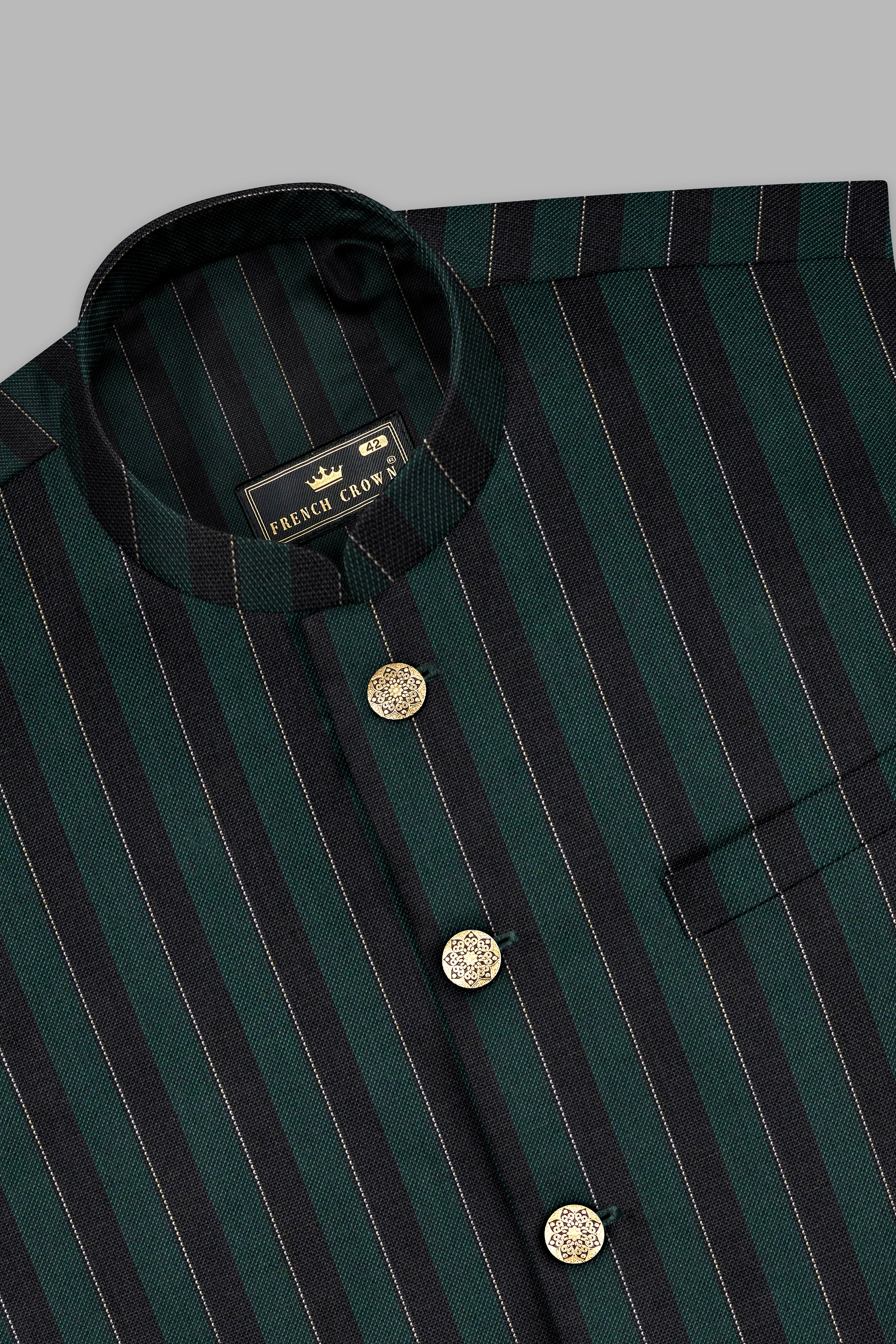 Timber Green With Bunker Black Striped Wool Blend Cross Placket Bandhgala Suit