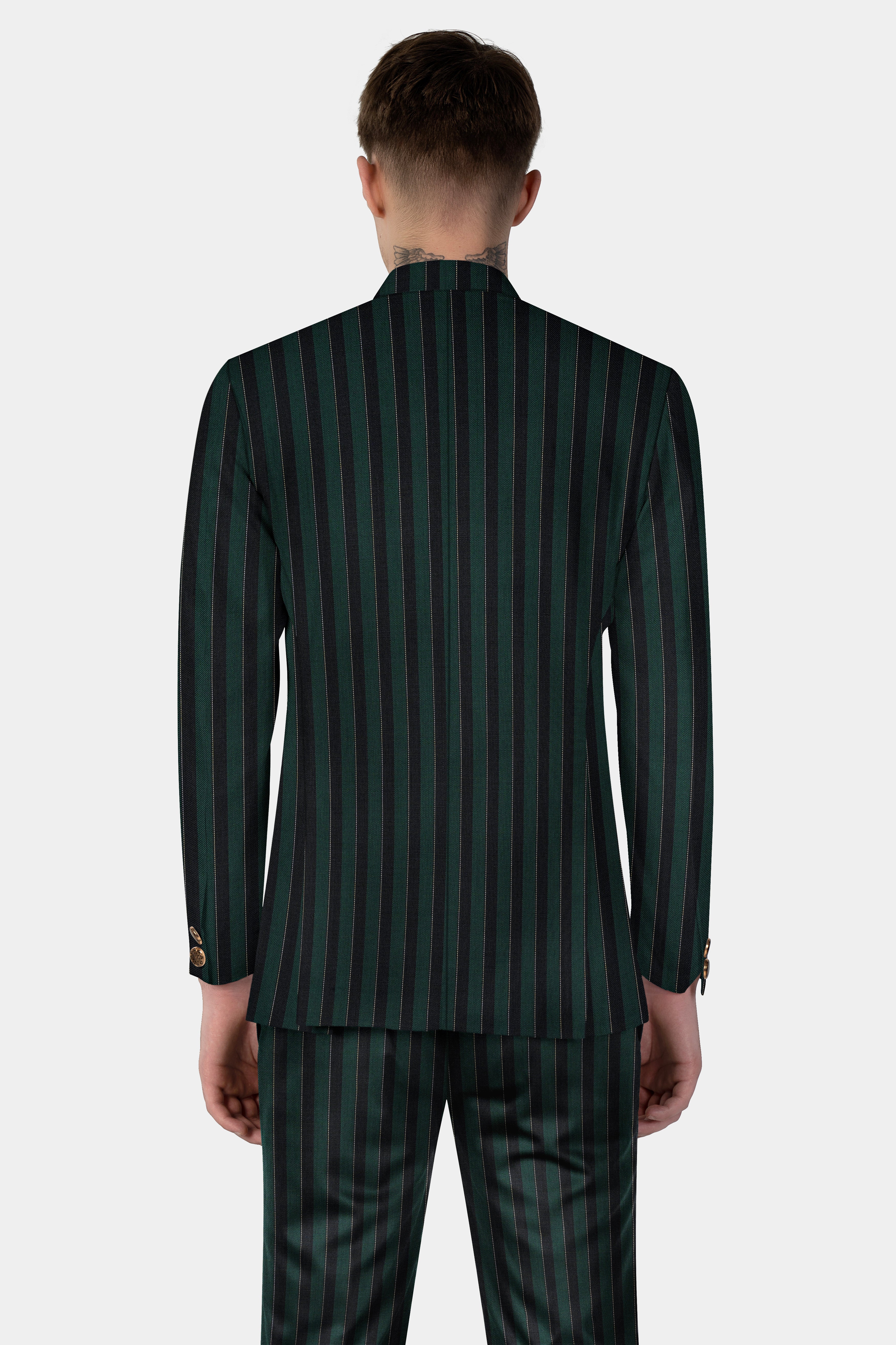 Timber Green With Bunker Black Striped Wool Blend Cross Placket Bandhgala Suit