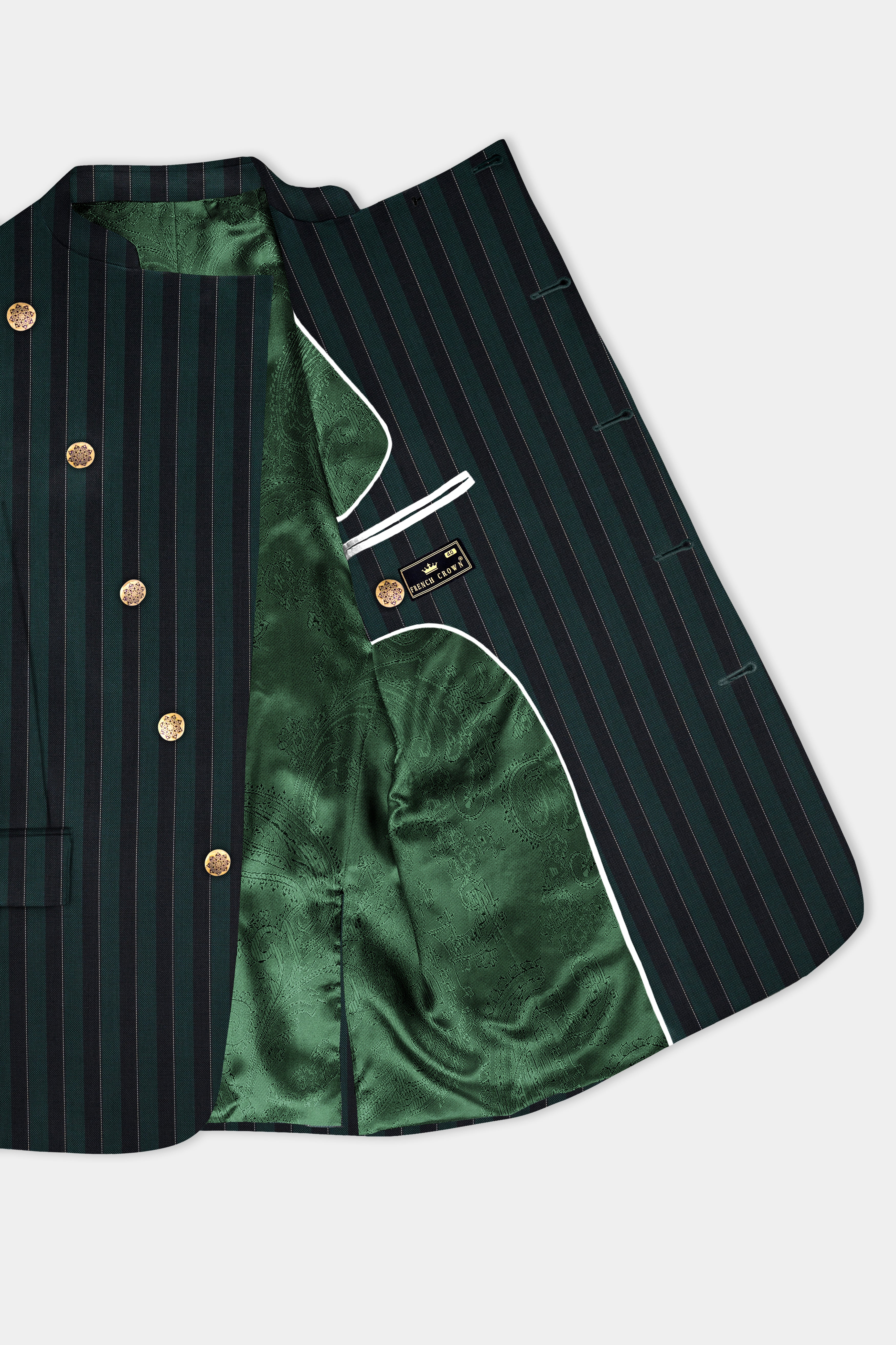 Timber Green With Bunker Black Striped Wool Blend Cross Placket Bandhgala Suit