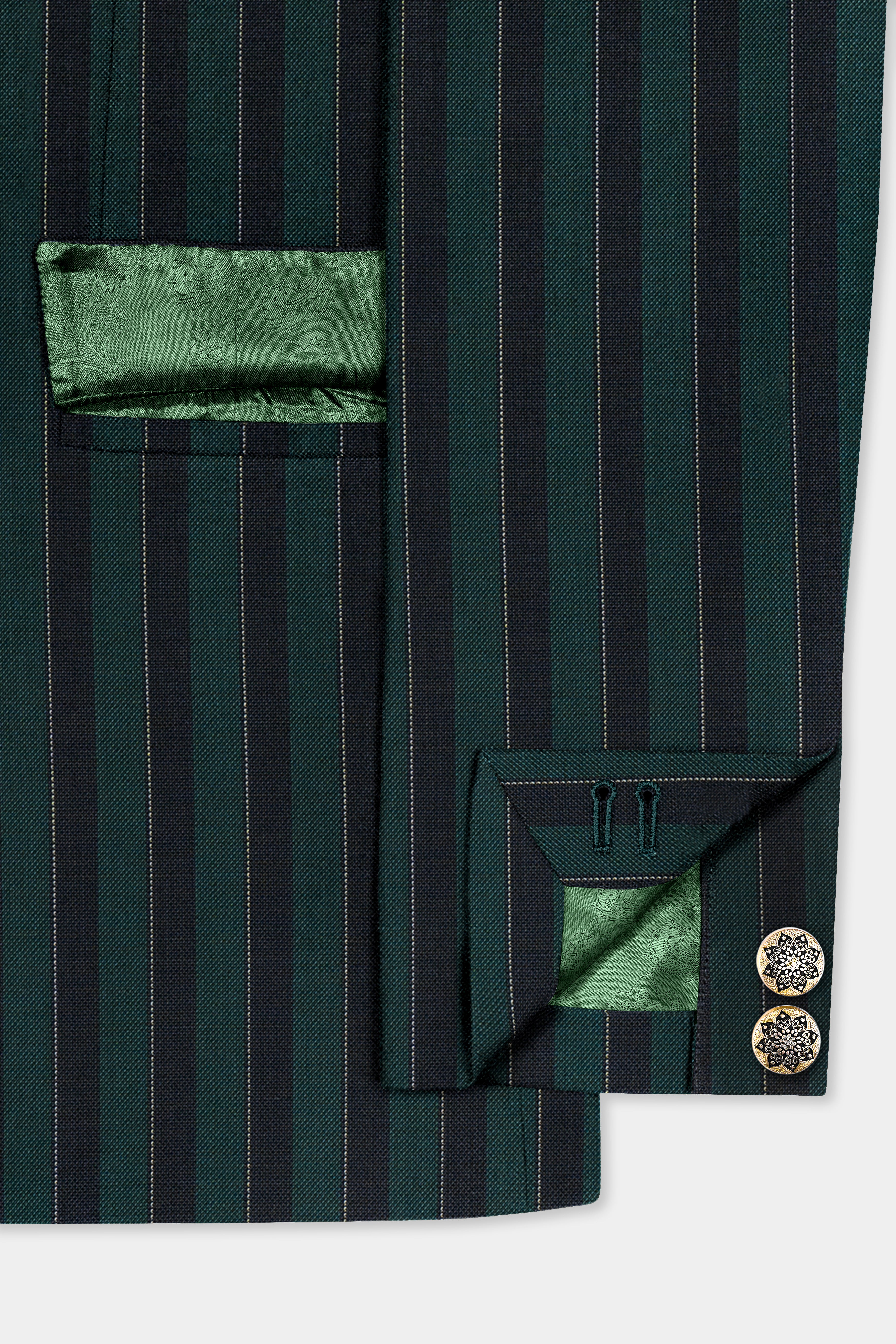 Timber Green With Bunker Black Striped Wool Blend Cross Placket Bandhgala Suit