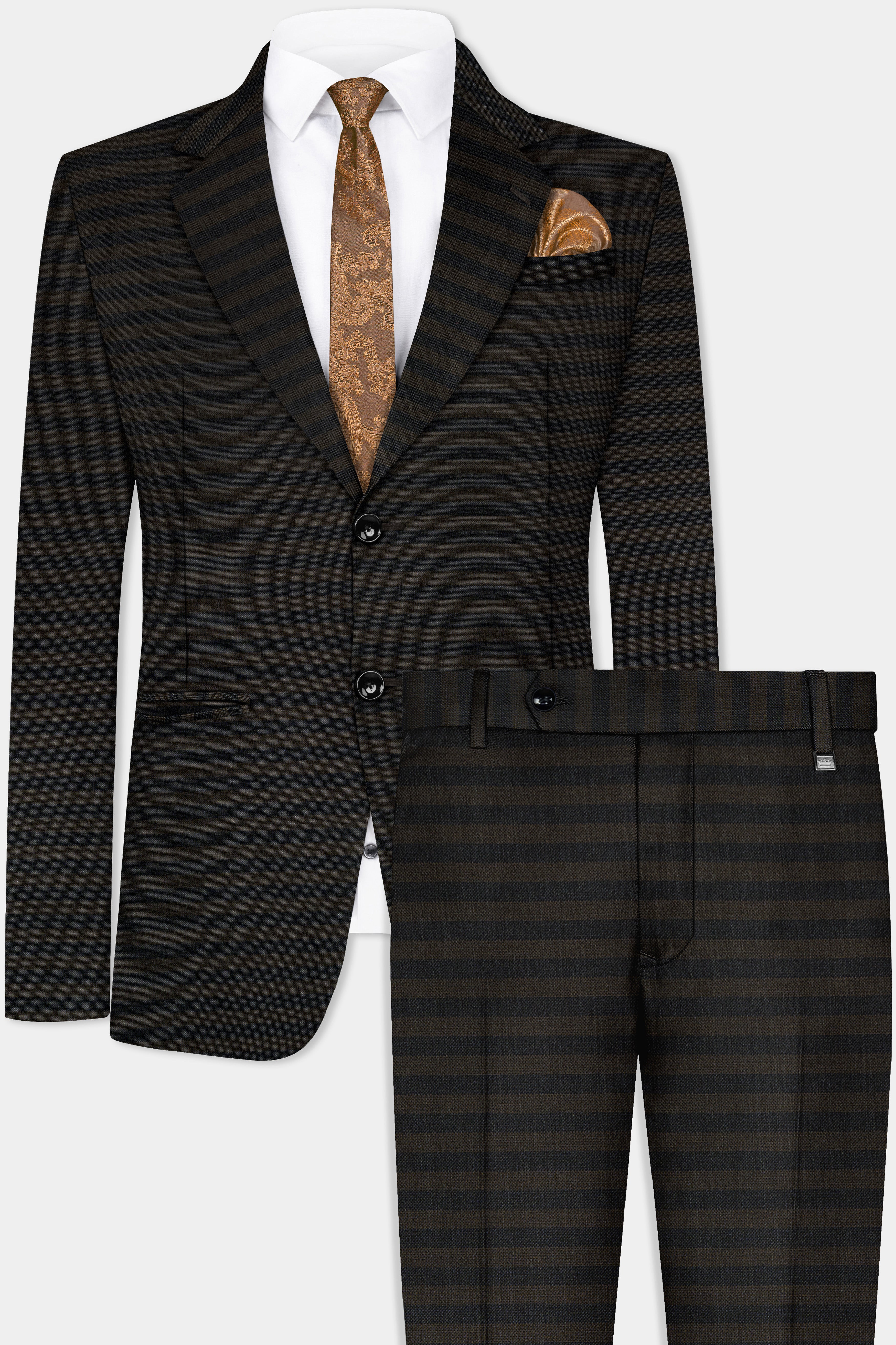 Taupe Brown With Jade Black Striped Wool Blend Suit