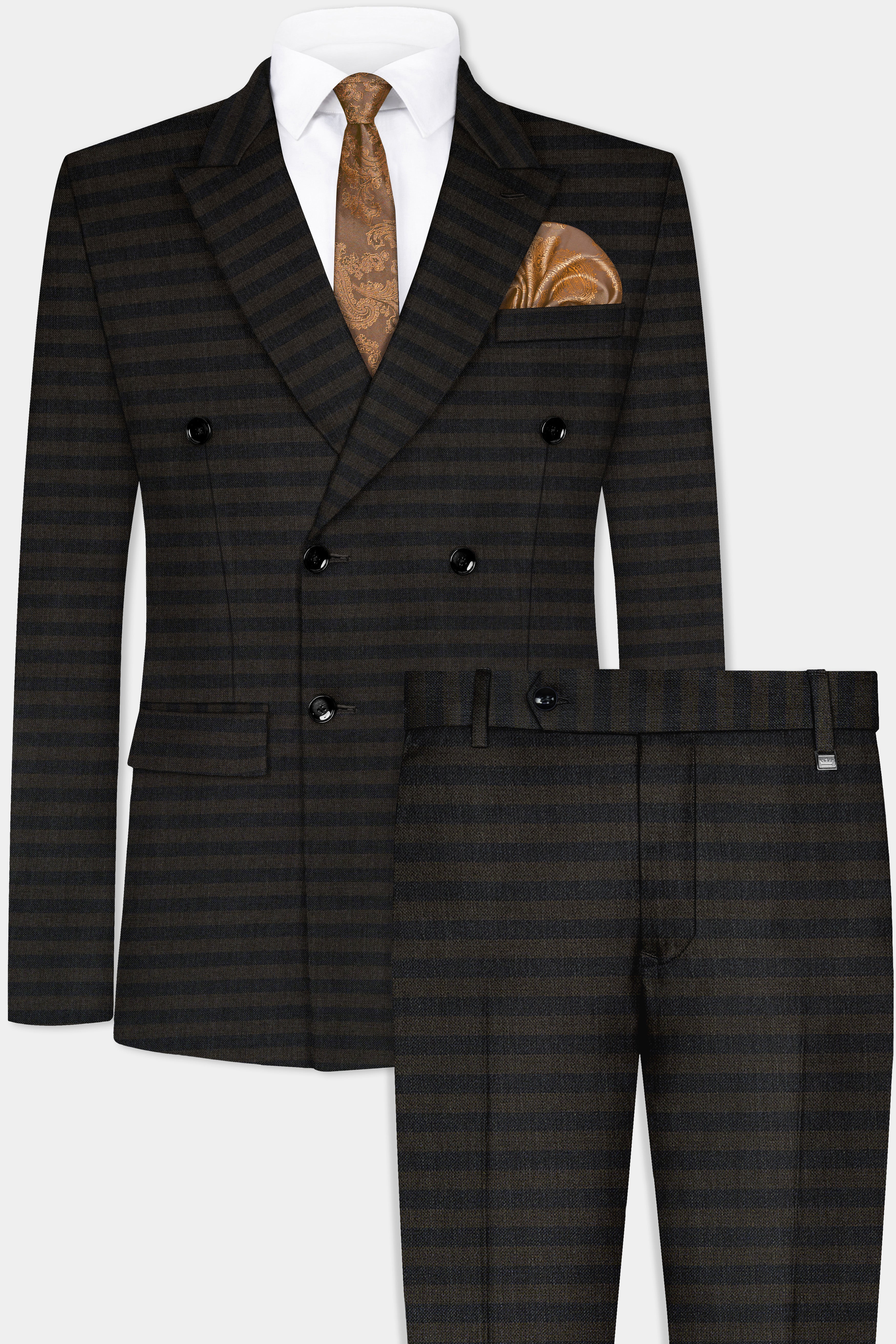 Taupe Brown With Jade Black Striped Wool Blend Double Breasted Suit