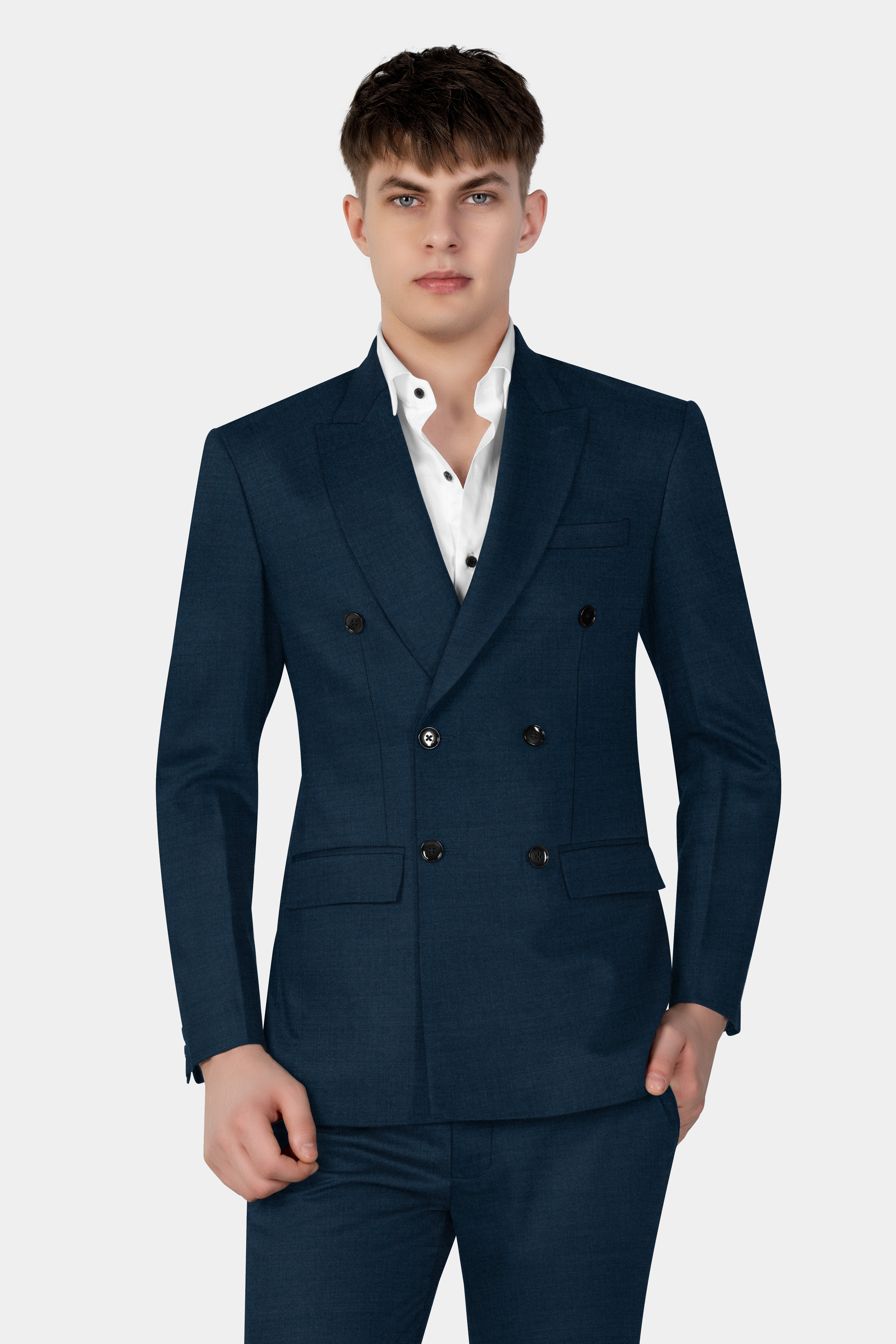 Daintree Blue Solid Wool Blend Double Breasted Suit