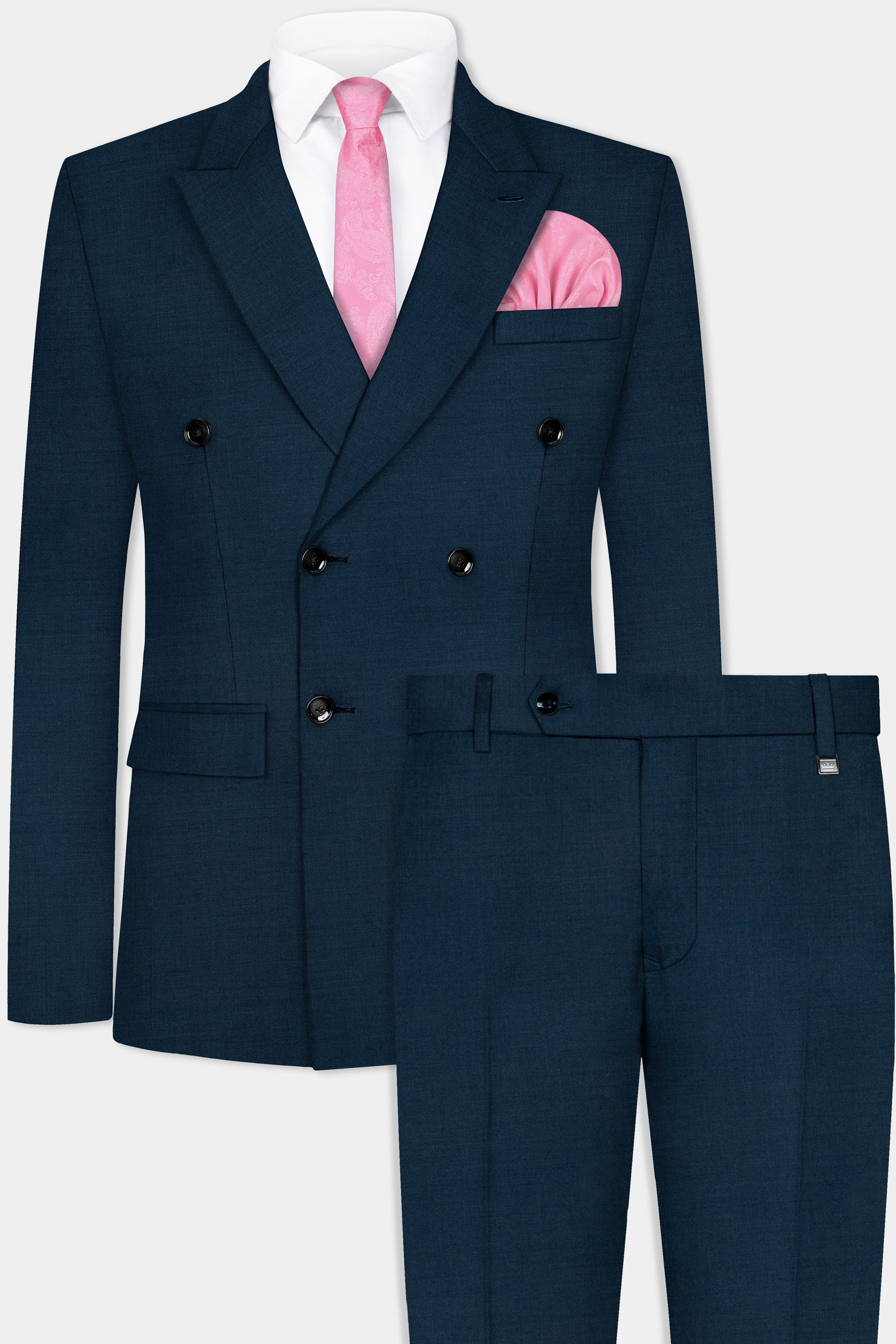 Daintree Blue Solid Wool Blend Double Breasted Suit