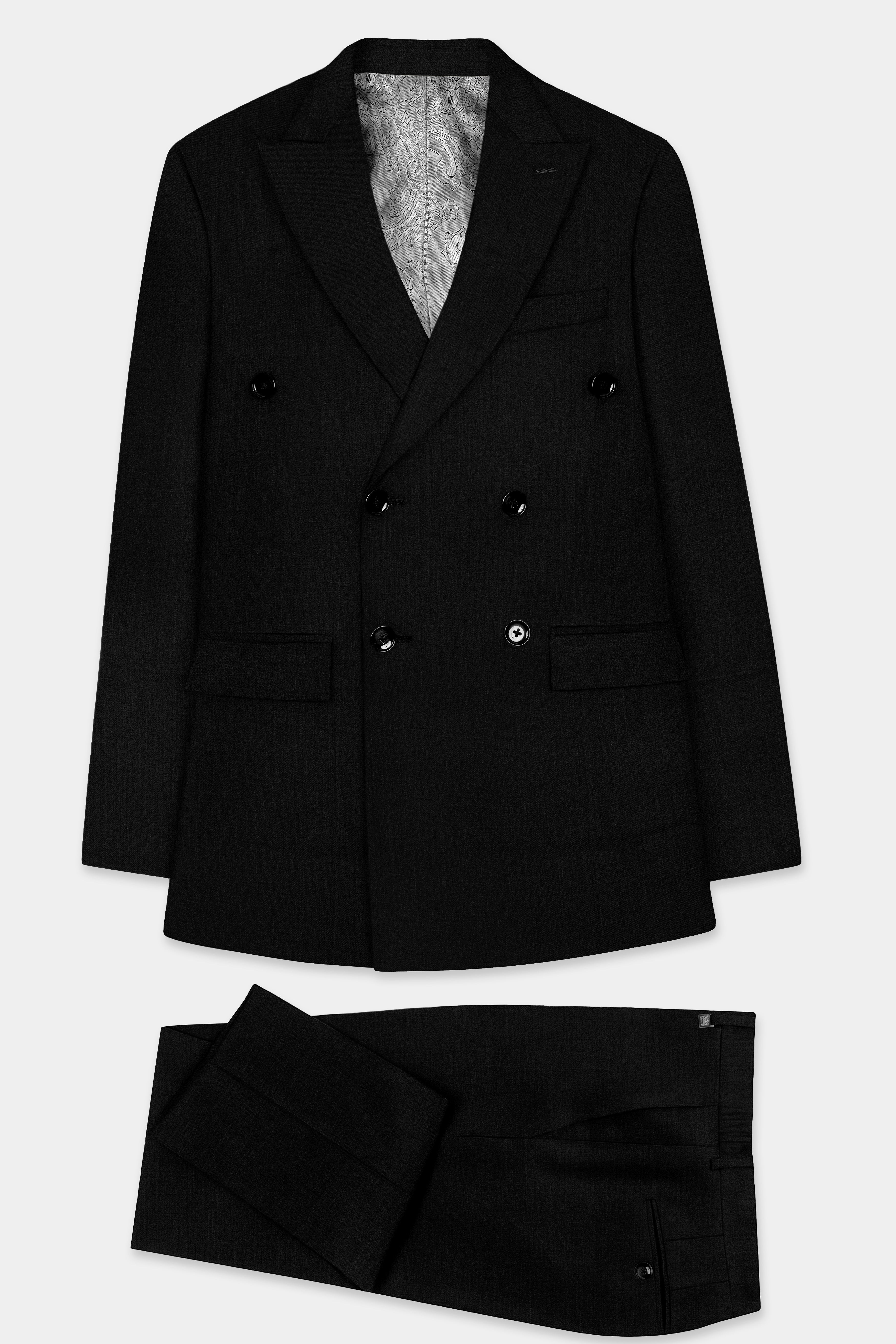 Jade Black Solid Wool Blend Double Breasted Stretchable Suit