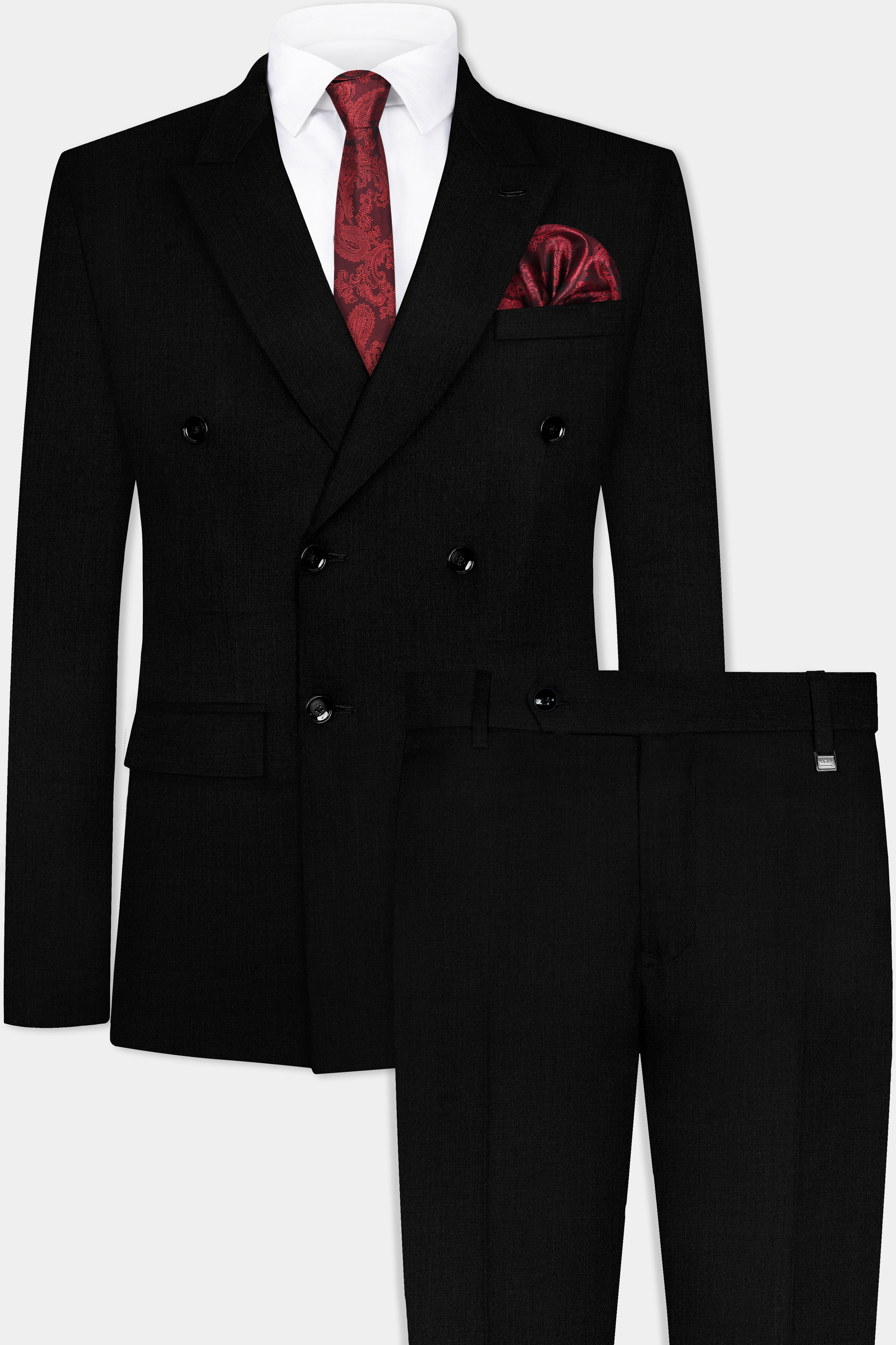 Jade Black Solid Wool Blend Double Breasted Stretchable Suit