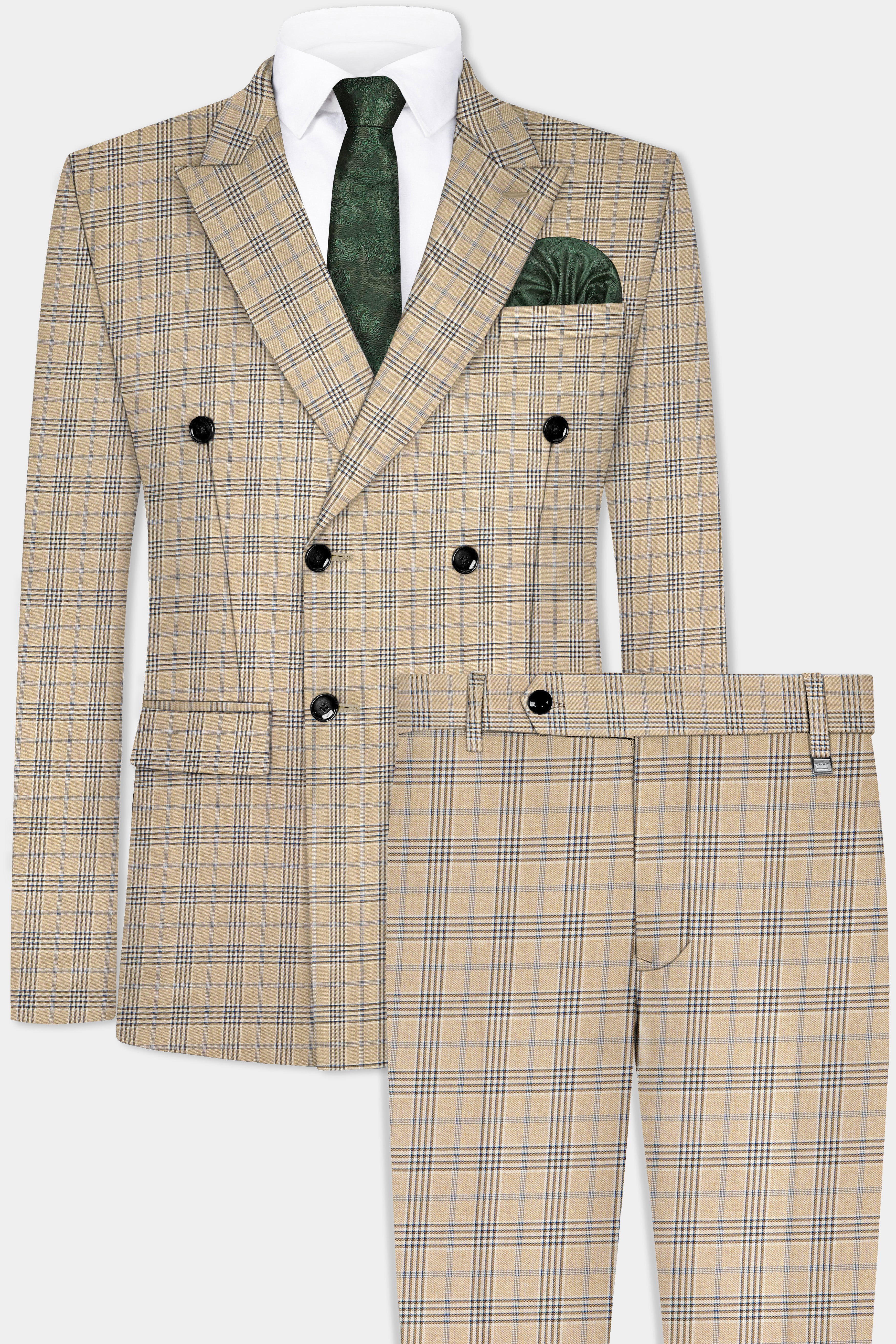 Cameo Cream Plaid Super Fine Wool Blend Double Breasted Suit