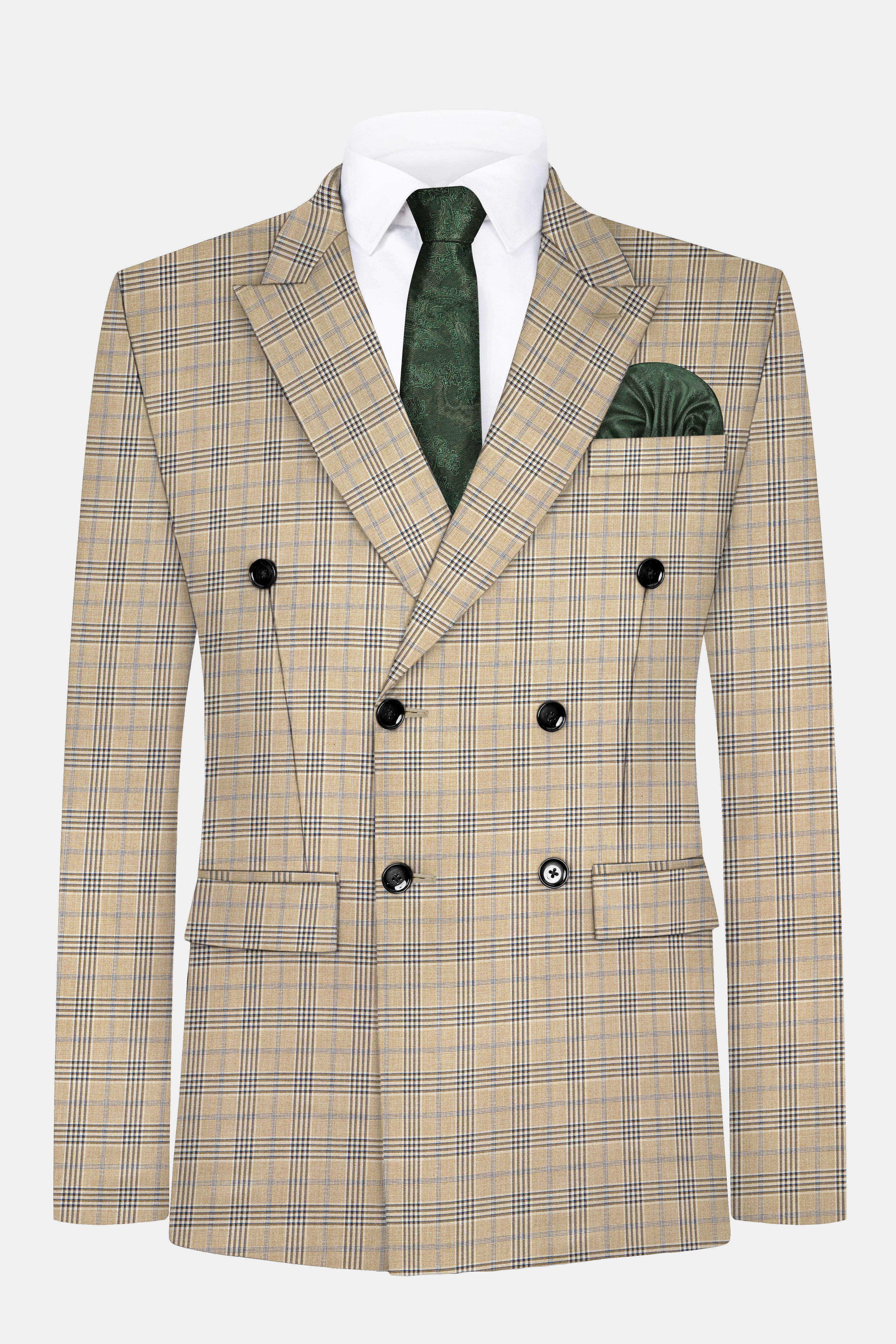 Cameo Cream Plaid Super Fine Wool Blend Double Breasted Suit